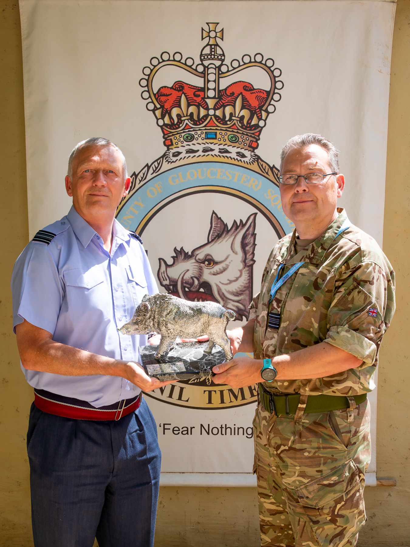 Squadron Leader Andy Marshall (left) handing over to Squadron Leader Steve Jackson