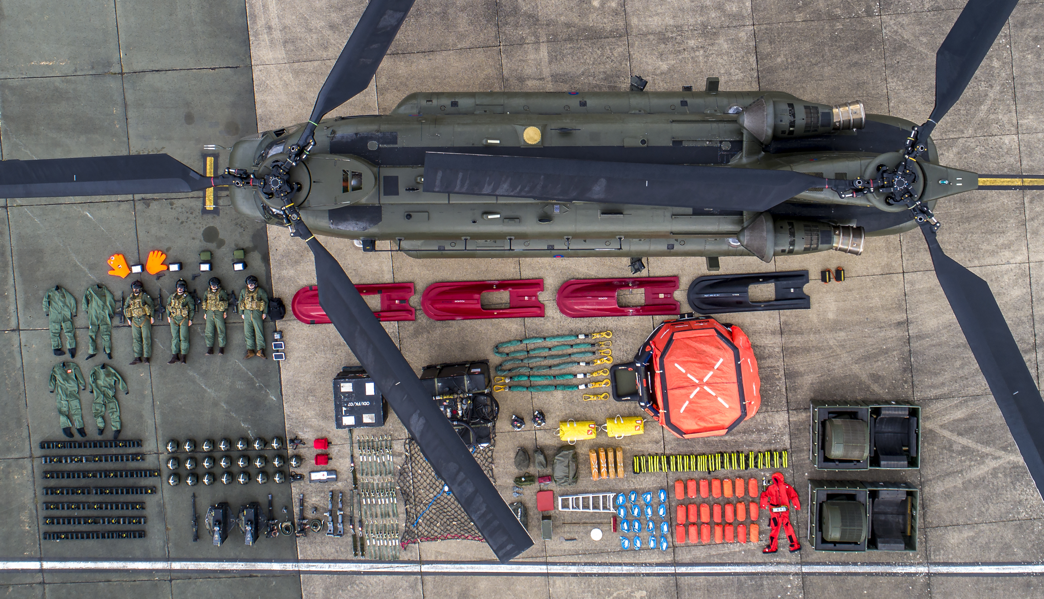 View of the chinook and all the onboard kit, laid out on the ground, taken from above.