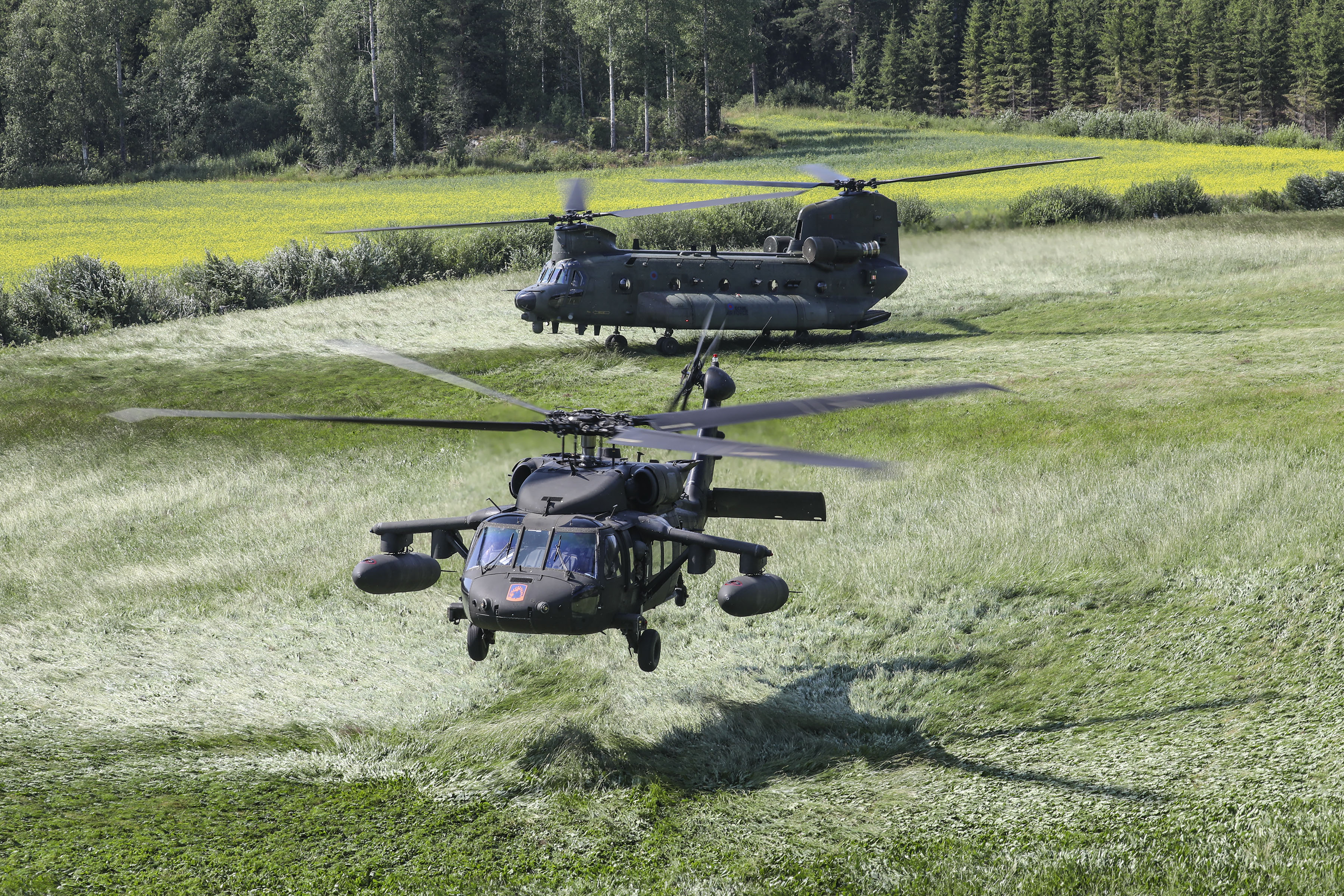 Image shows RAF Chinooks taking off over the grass.