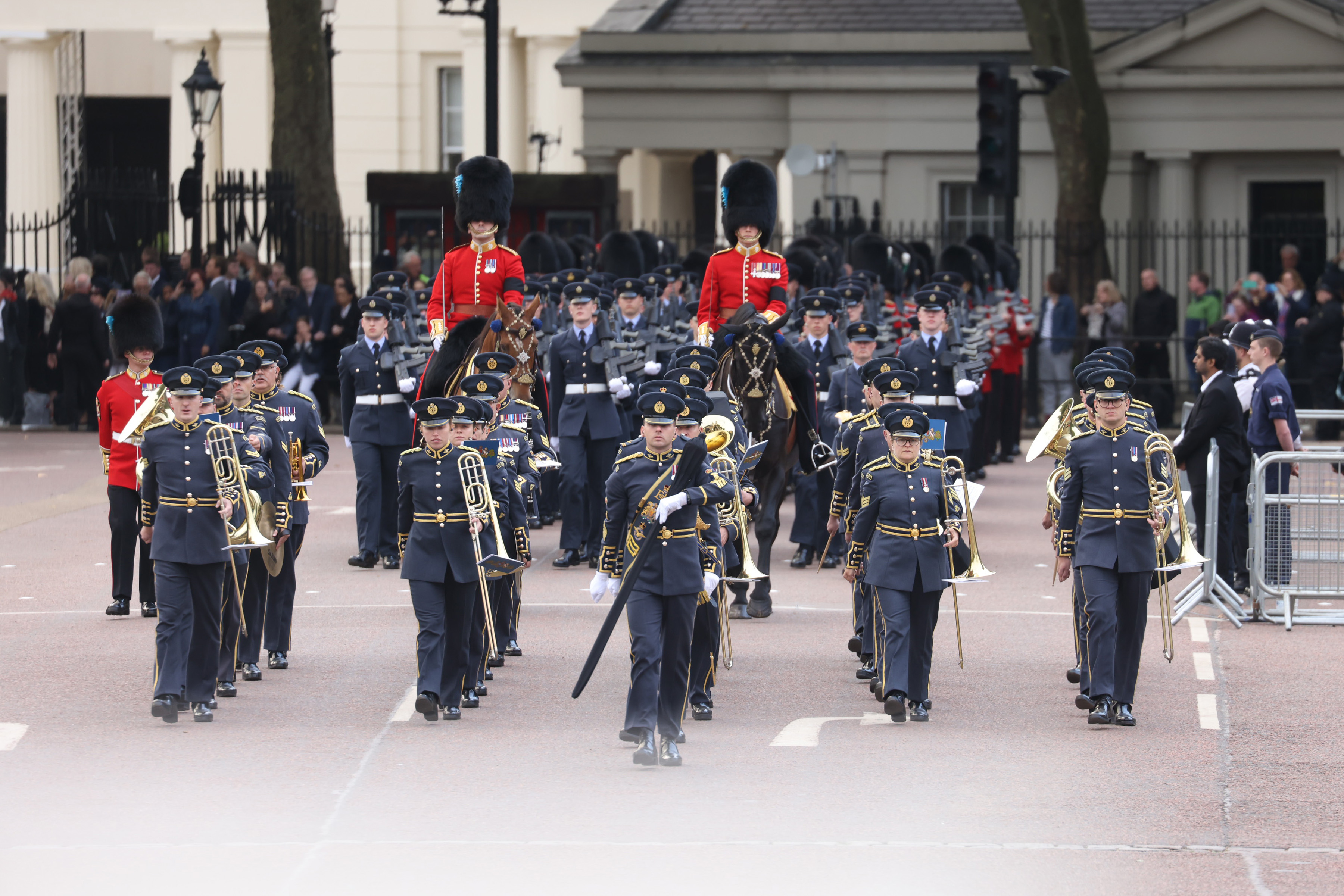 Image shows RAF Musicians and guards on parade.