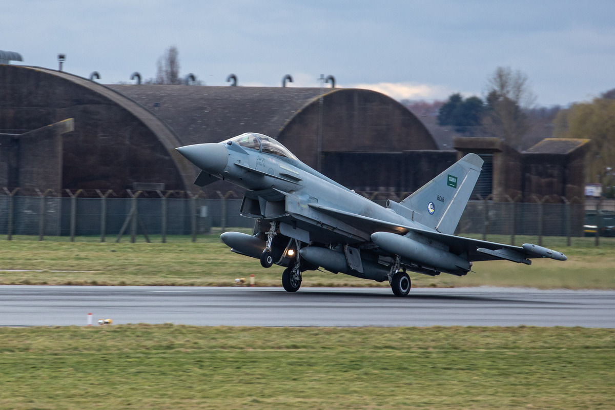 Image shows a RAF Typhoon taking off from the airfield.