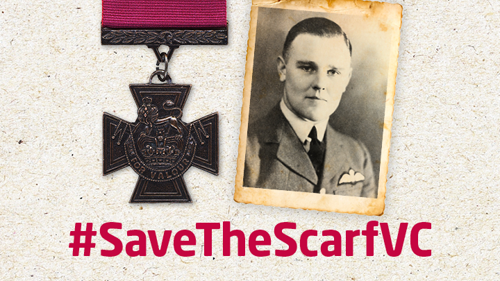 Advertising banner shows the for hashtag Save The Scarf, with a Victoria Cross and Arthur Scarf.