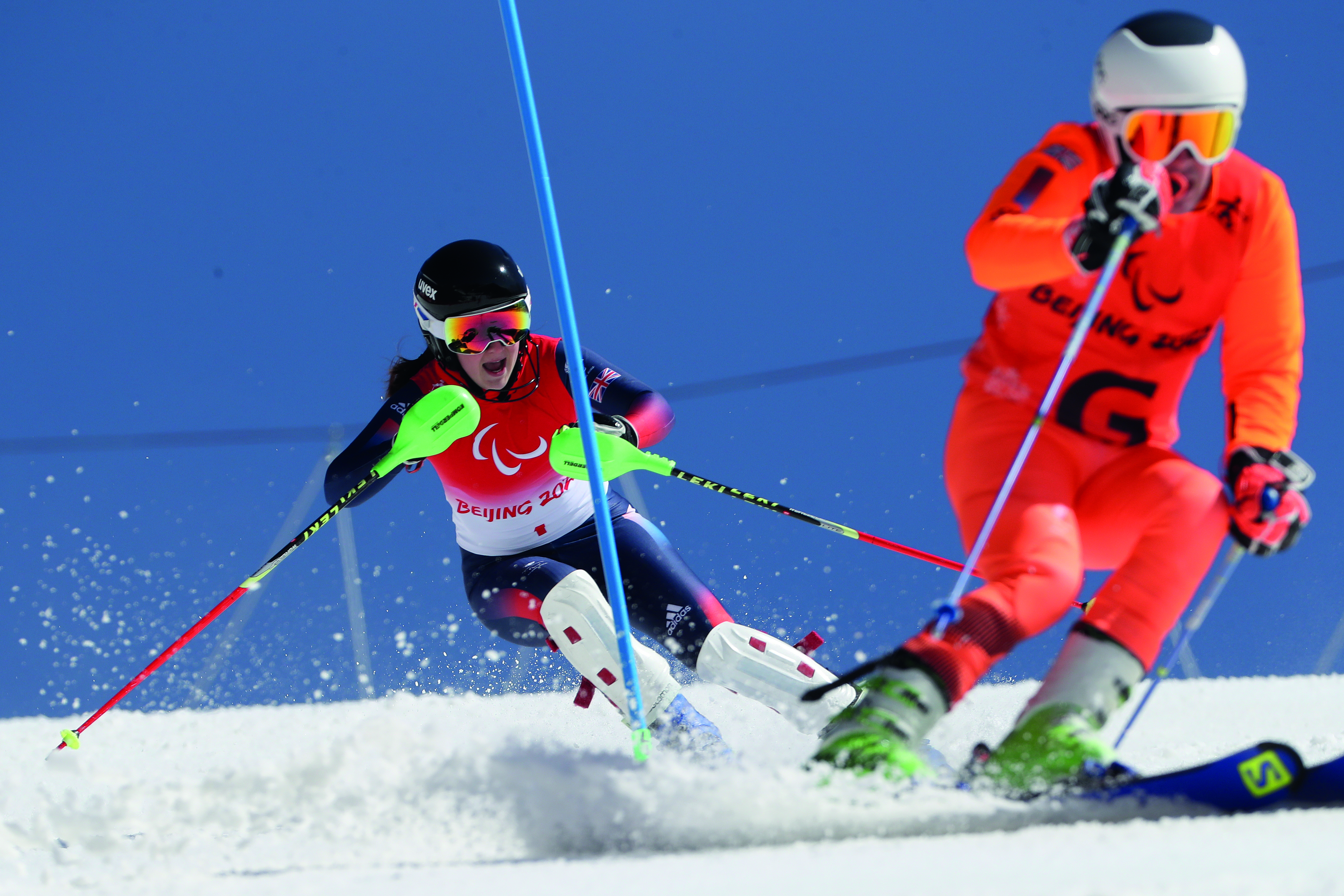 Skier and guide on the ski course.