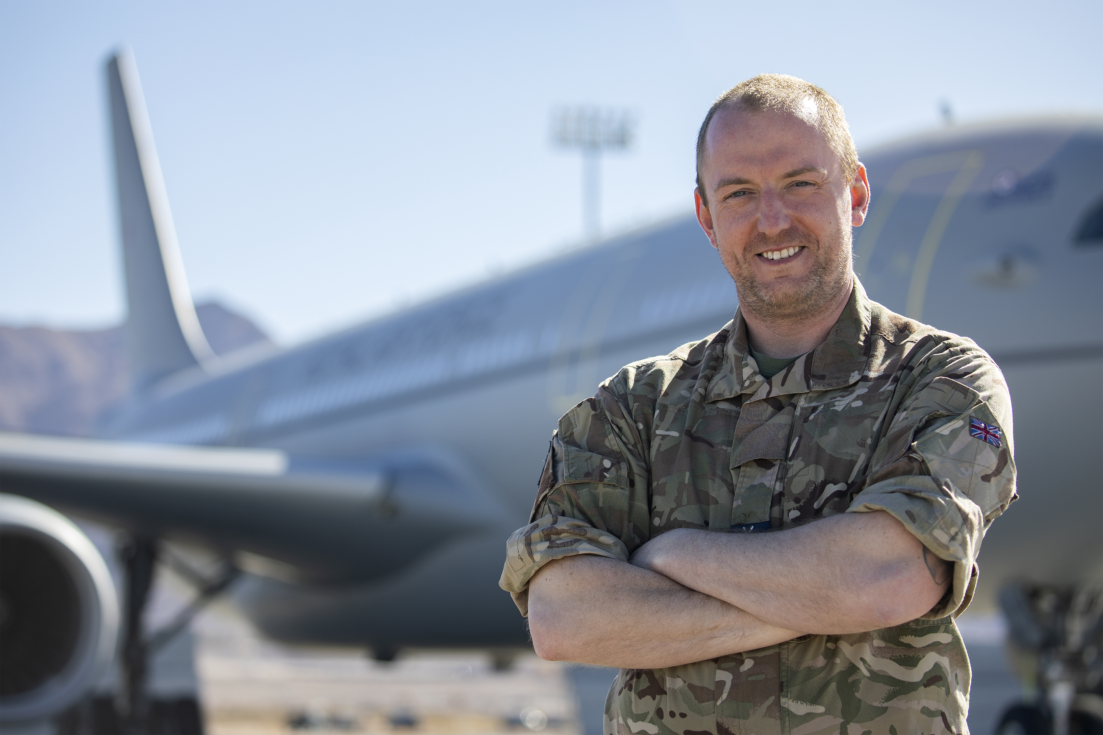 Chief Tech Simon Bradley in front of a Voyager aircraft detached to Nellis Air Force Base as part of Exercise Red Flag