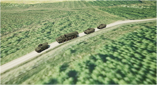 Image shows digital screenshot of vehicles driving in a line on a road, in a Virtual Reality simulation 