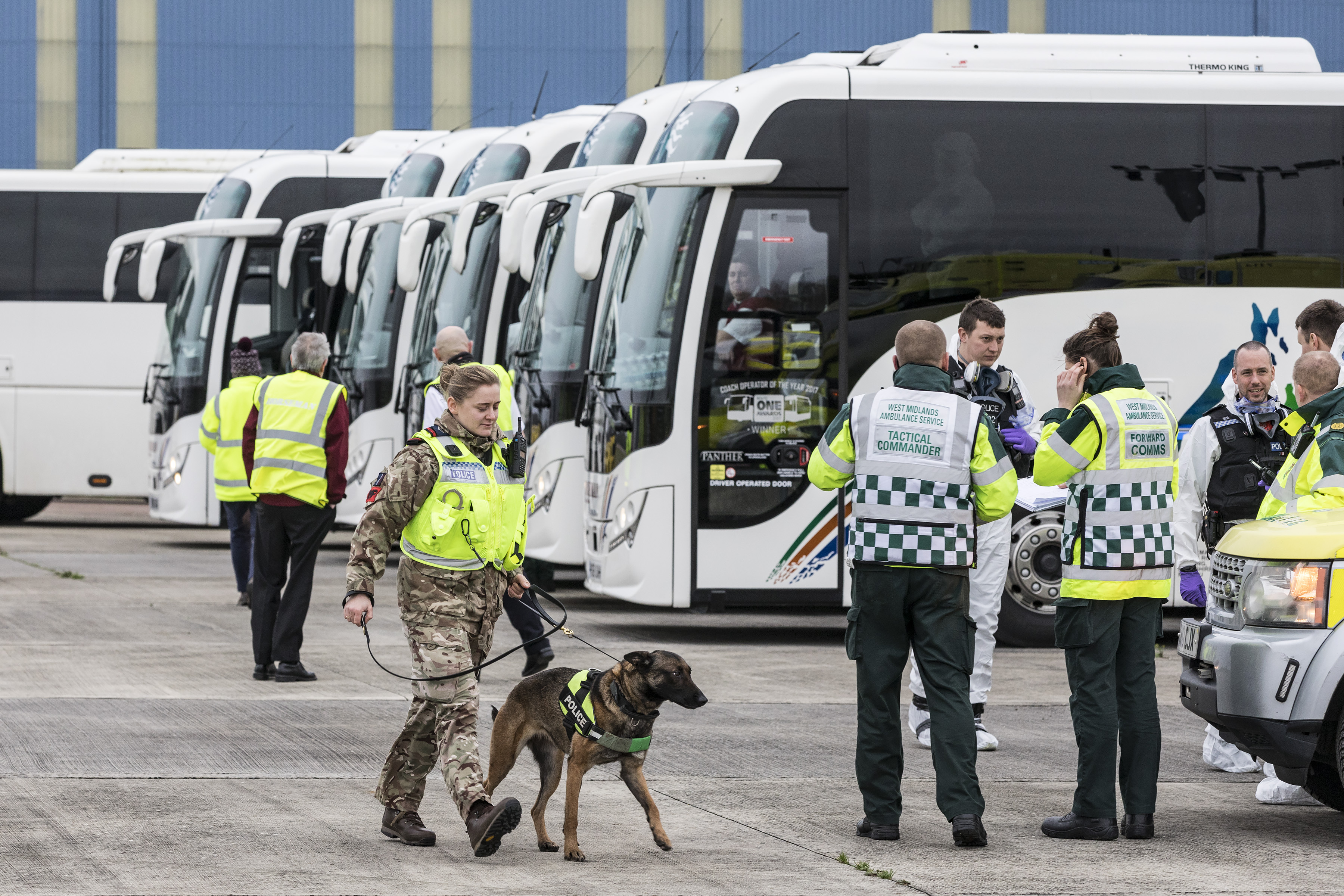 RAF Police walks dog, with other personnel in high vis and coaches in background.