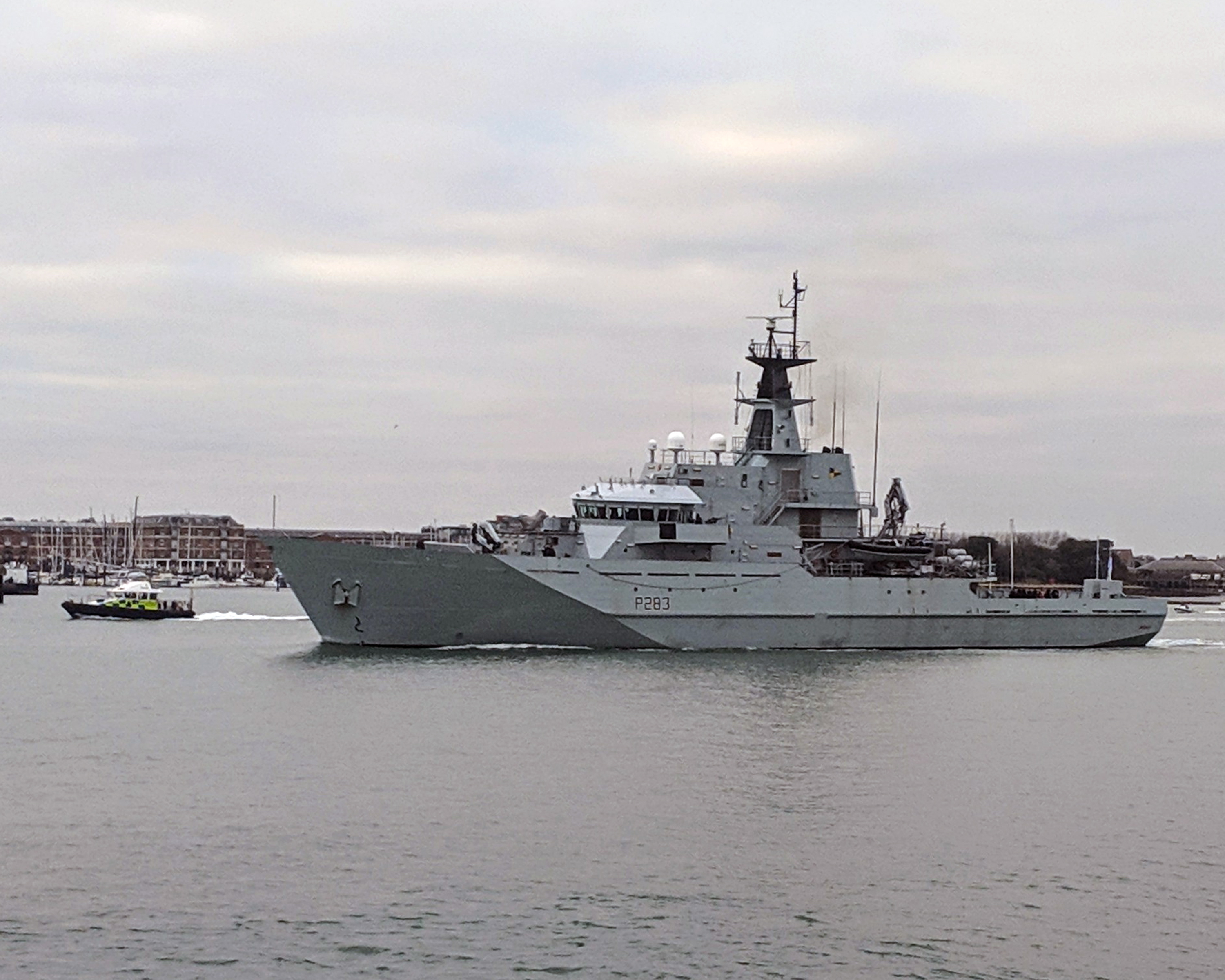 Image shows a HMS Royal Navy ship. 