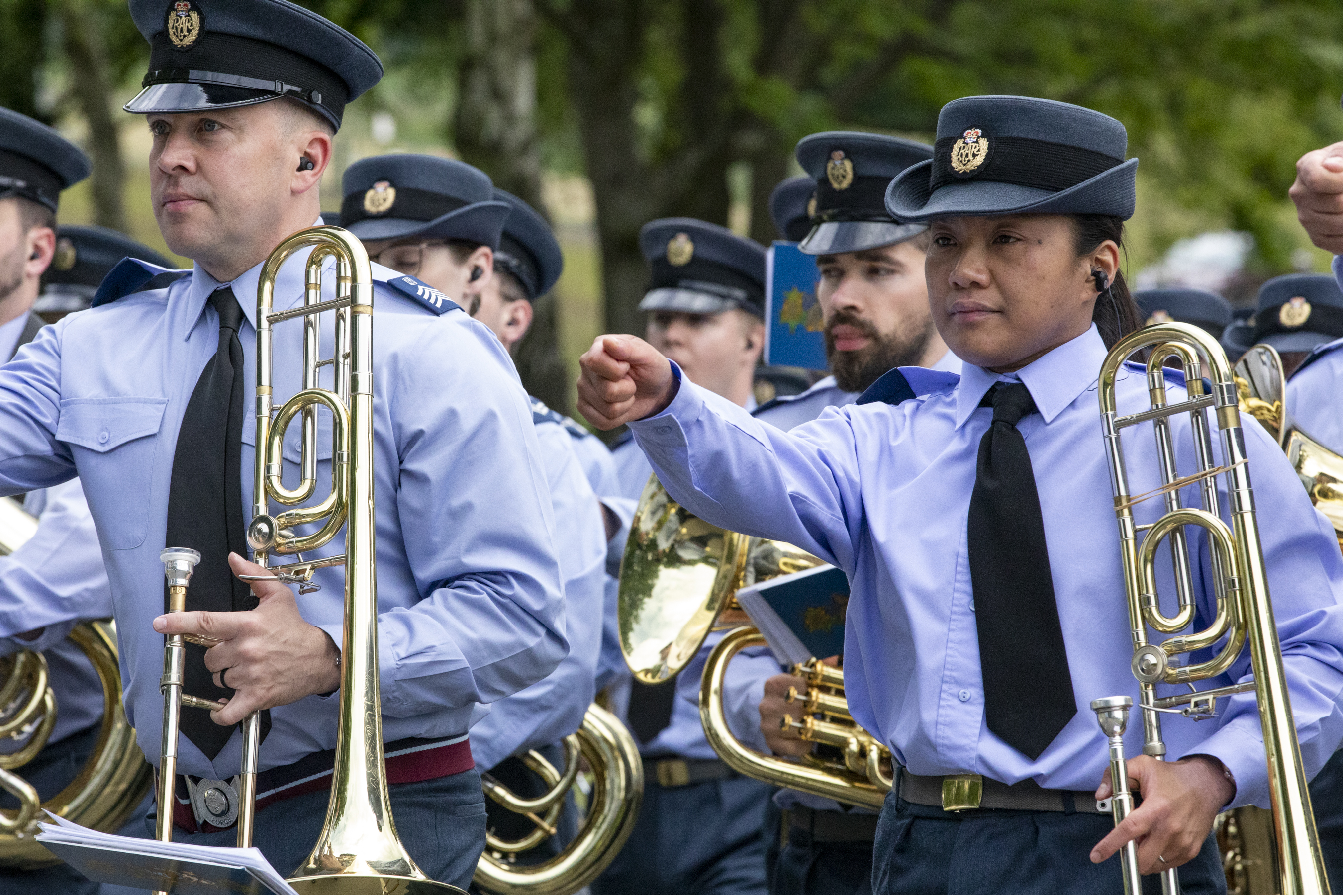 RAF Musicians practise on parade, with instruments.