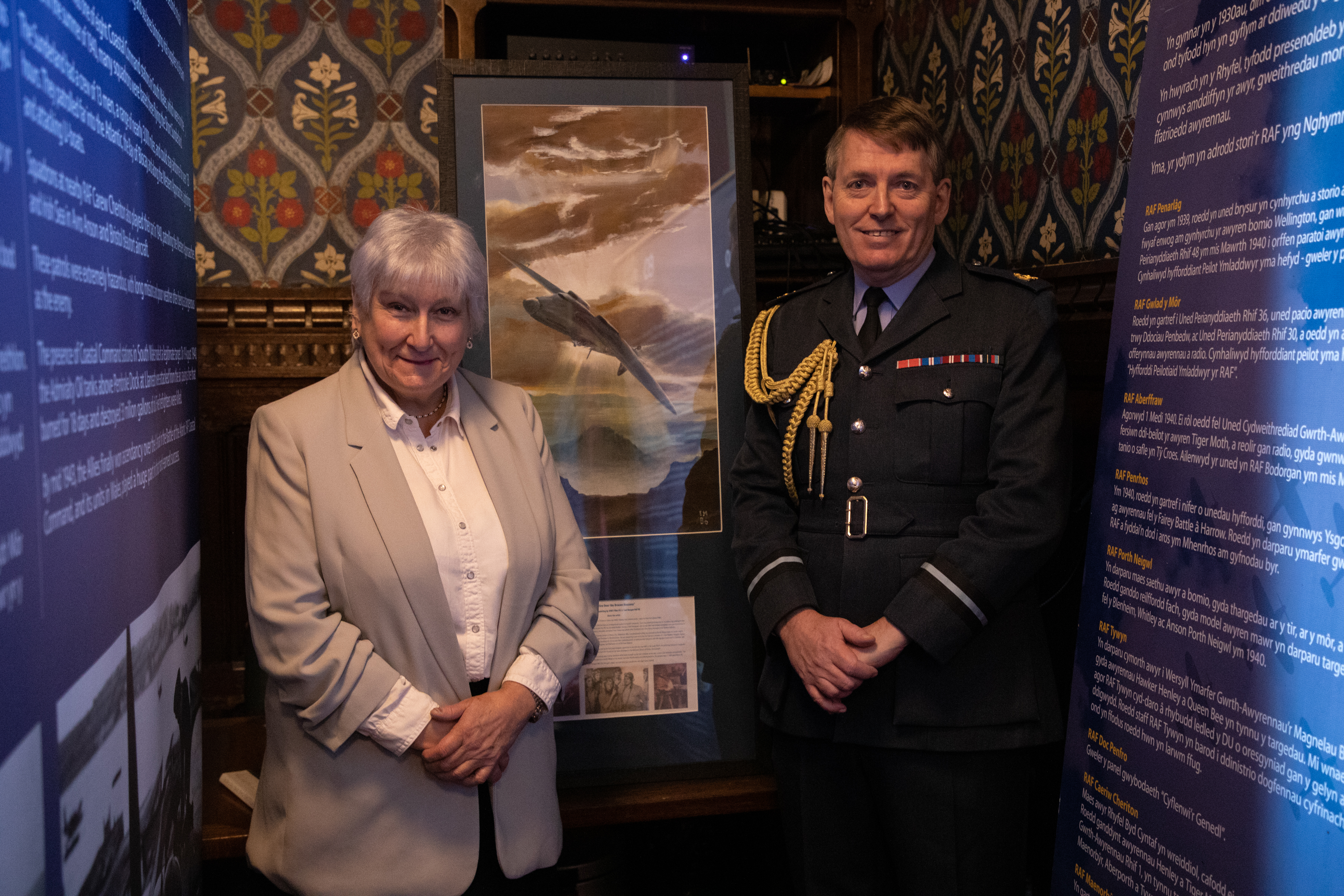 Image shows RAF aviator and civilian standing by pictures at exhibition.