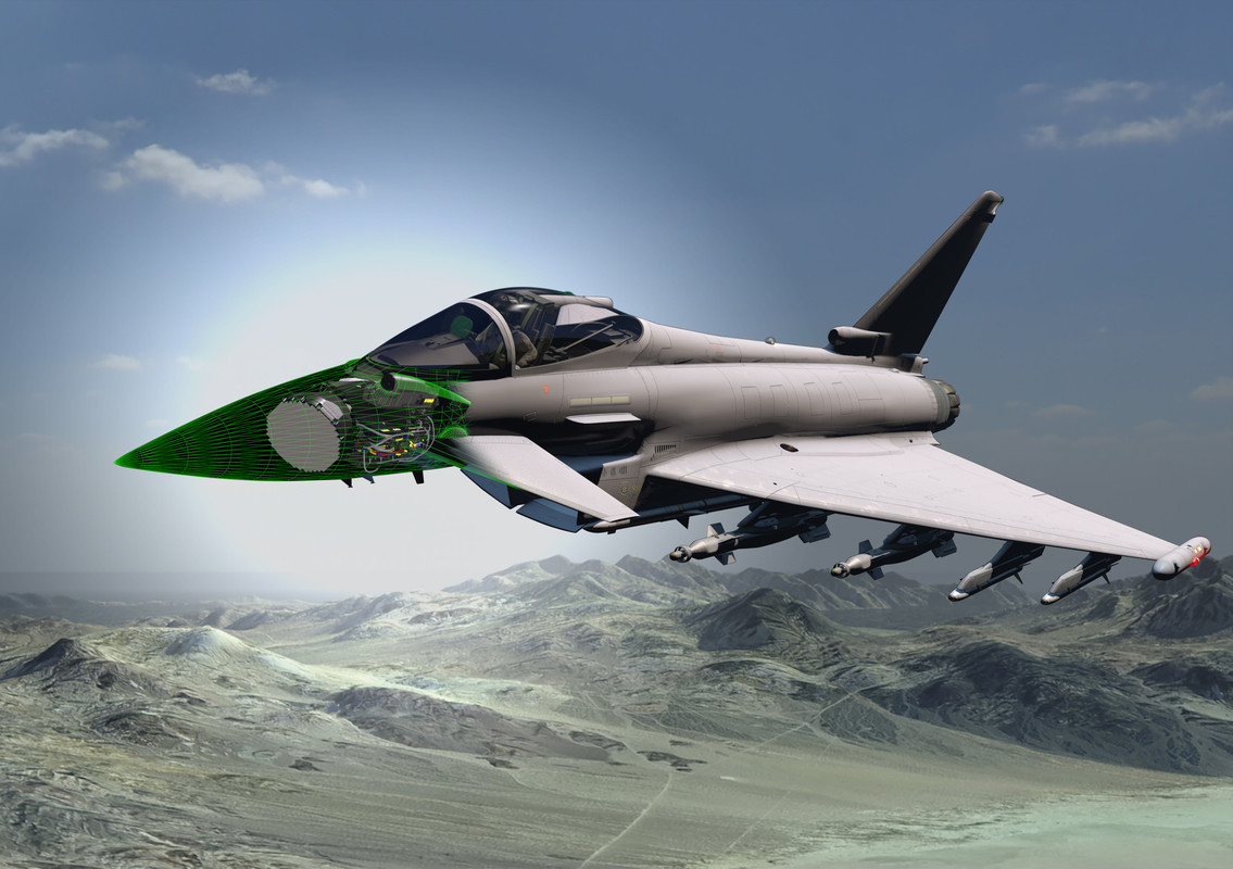 Image shows a graphic of a RAF Typhoon in flight over mountains, with the aircraft nose showing inside the structure.