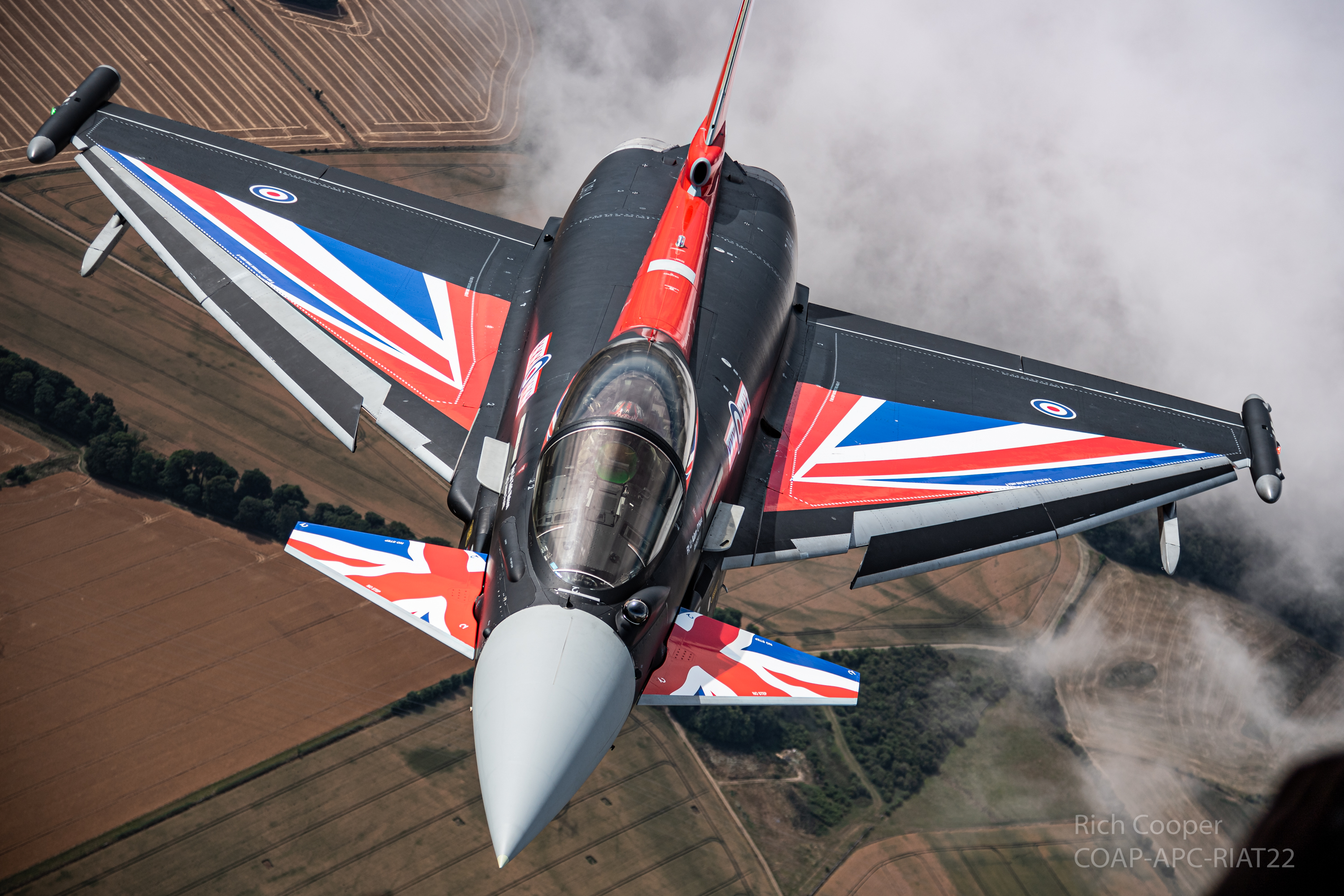 Image shows Blackjack Typhoon FGR4 in flight, with union jack body paint.