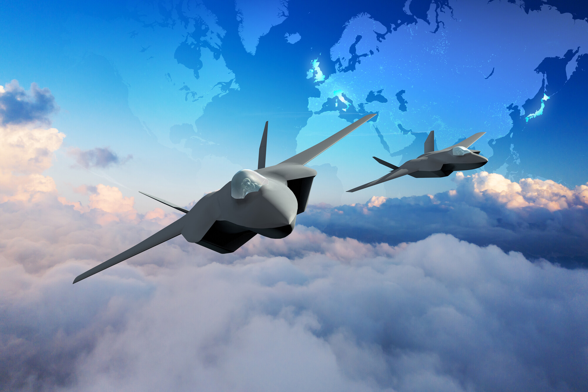 Image shows graphic of future fighter jets flying through clouds with superimposed map in the sky.