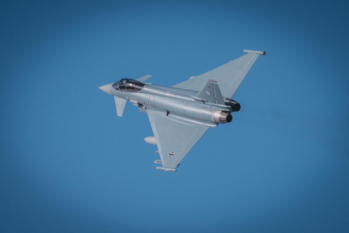 Image shows RAF Typhoon in flight.