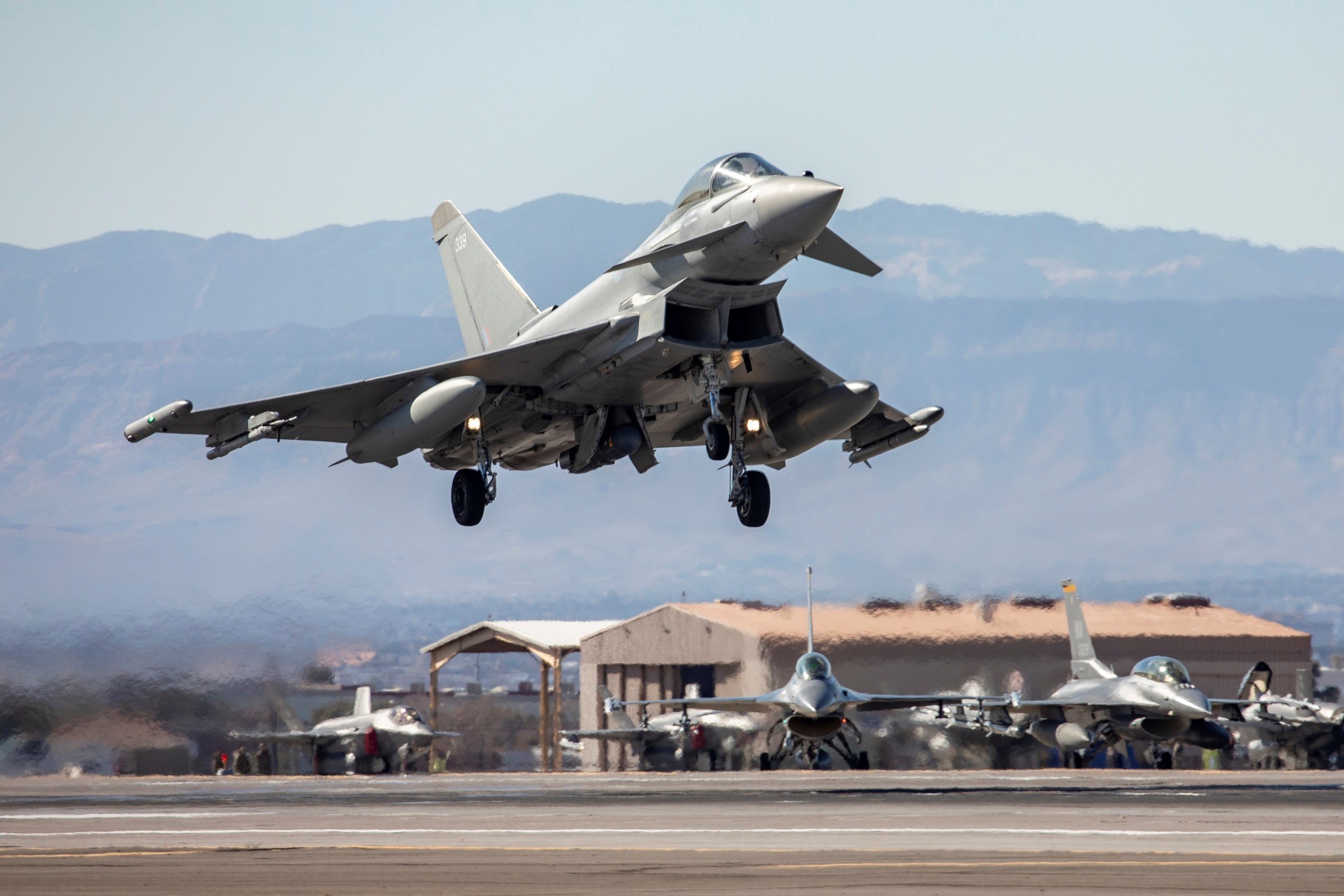 Typhoon taking off, with grounded Typhoons in the background.