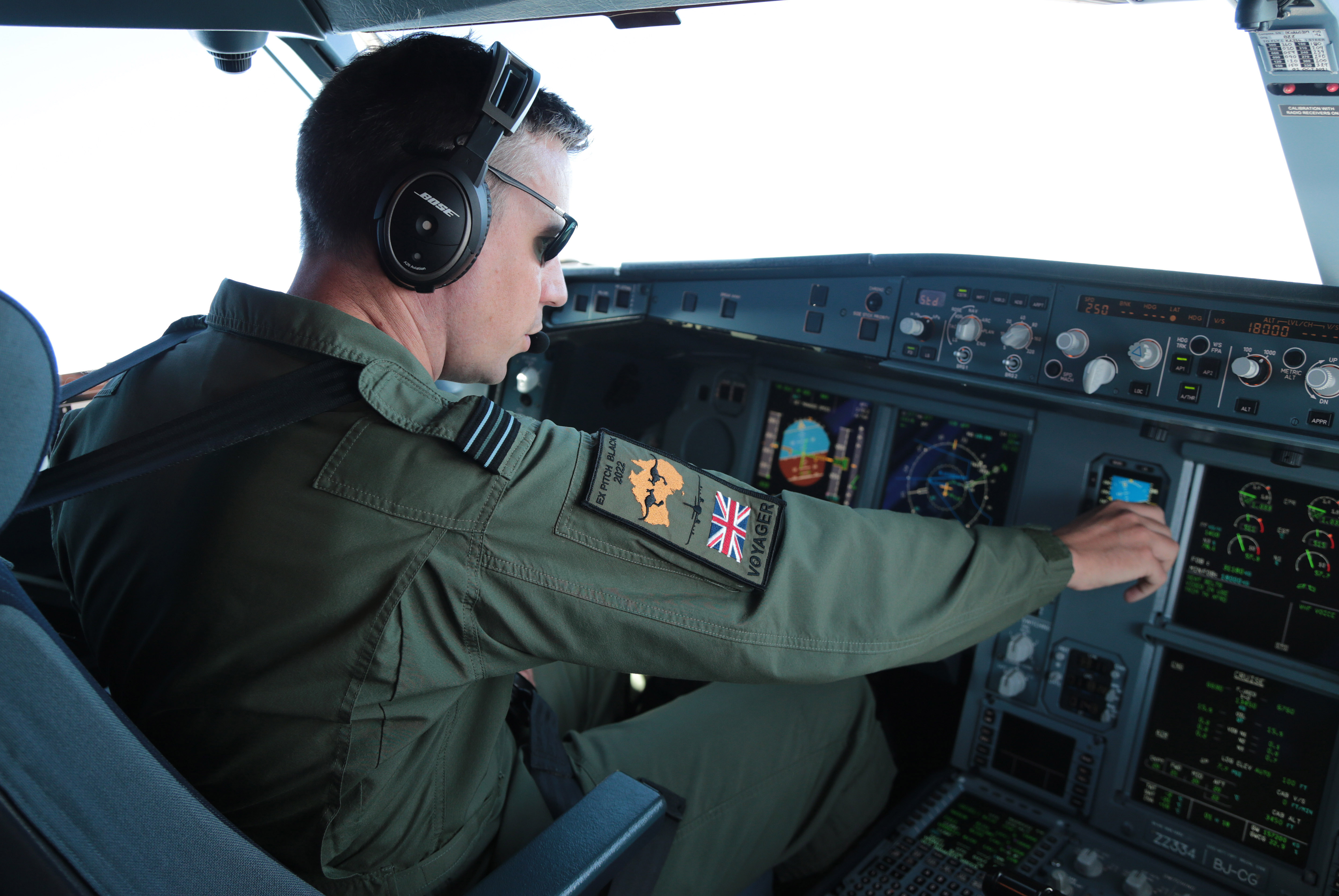 Image shows RAF Pilot in the cockpit of a Voyager aircraft.
