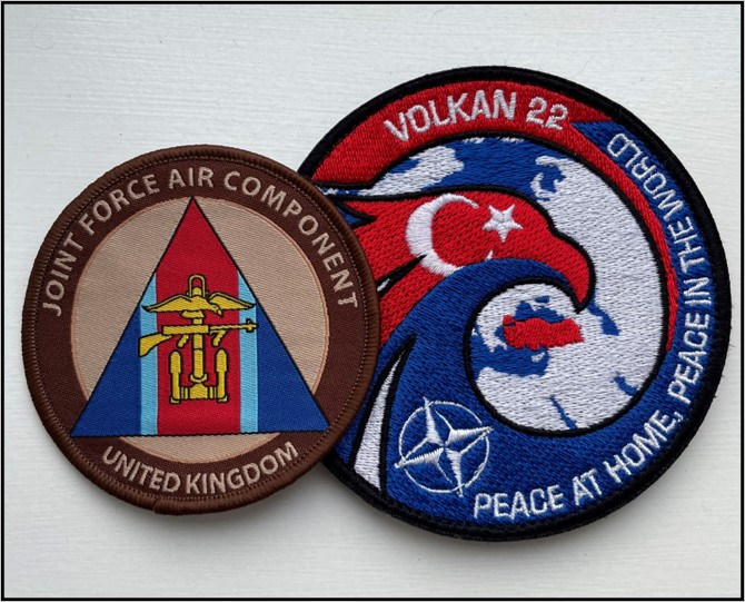 Image shows Joint Force Air Component and Exercise Volkan 2022 patches.