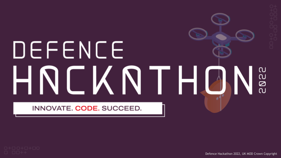Image shows the Defence Hackathon Logo with the tag line Innovate. Code. Succeed.