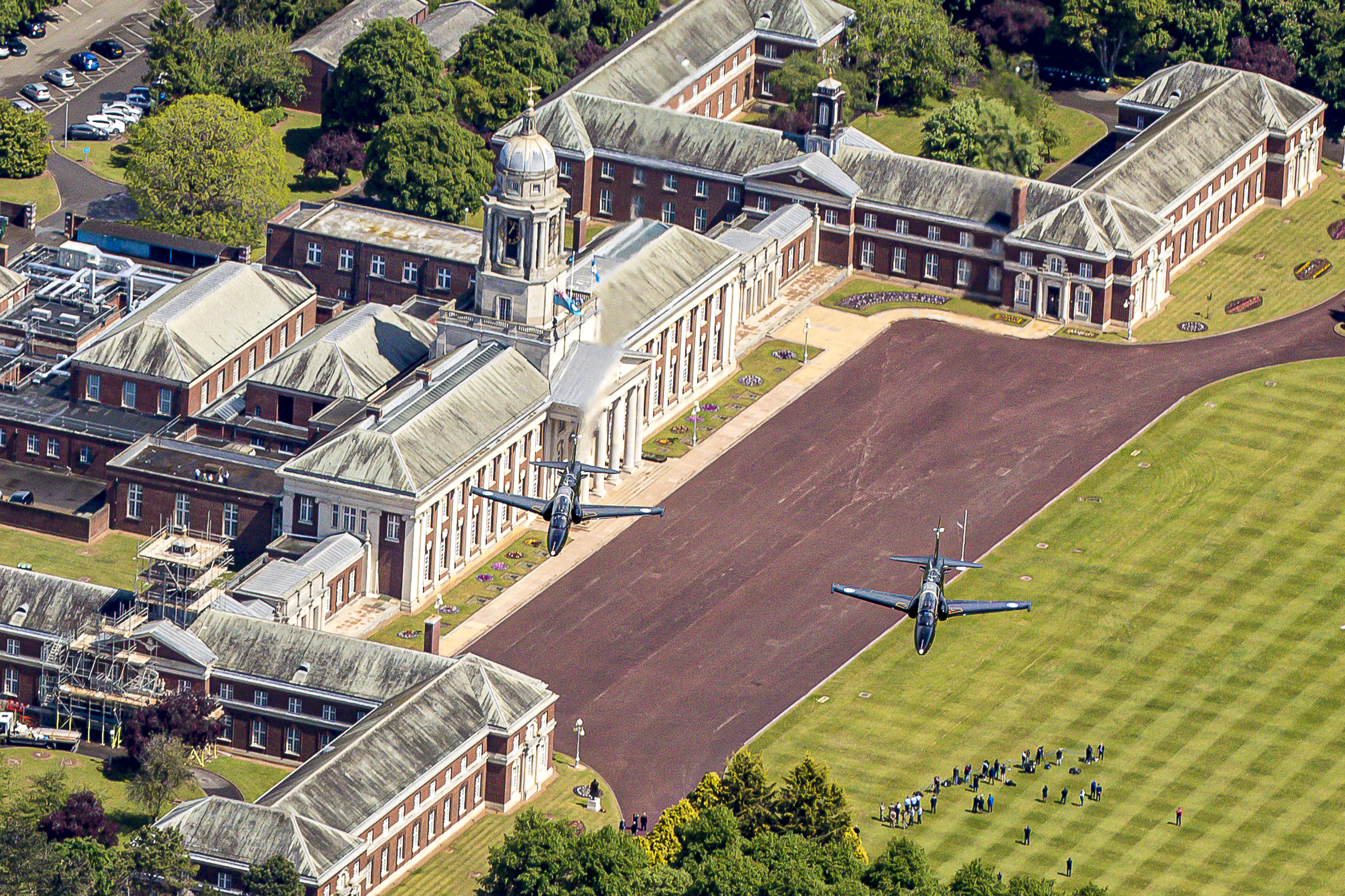 Aircraft in flight over Buckingham Palace.