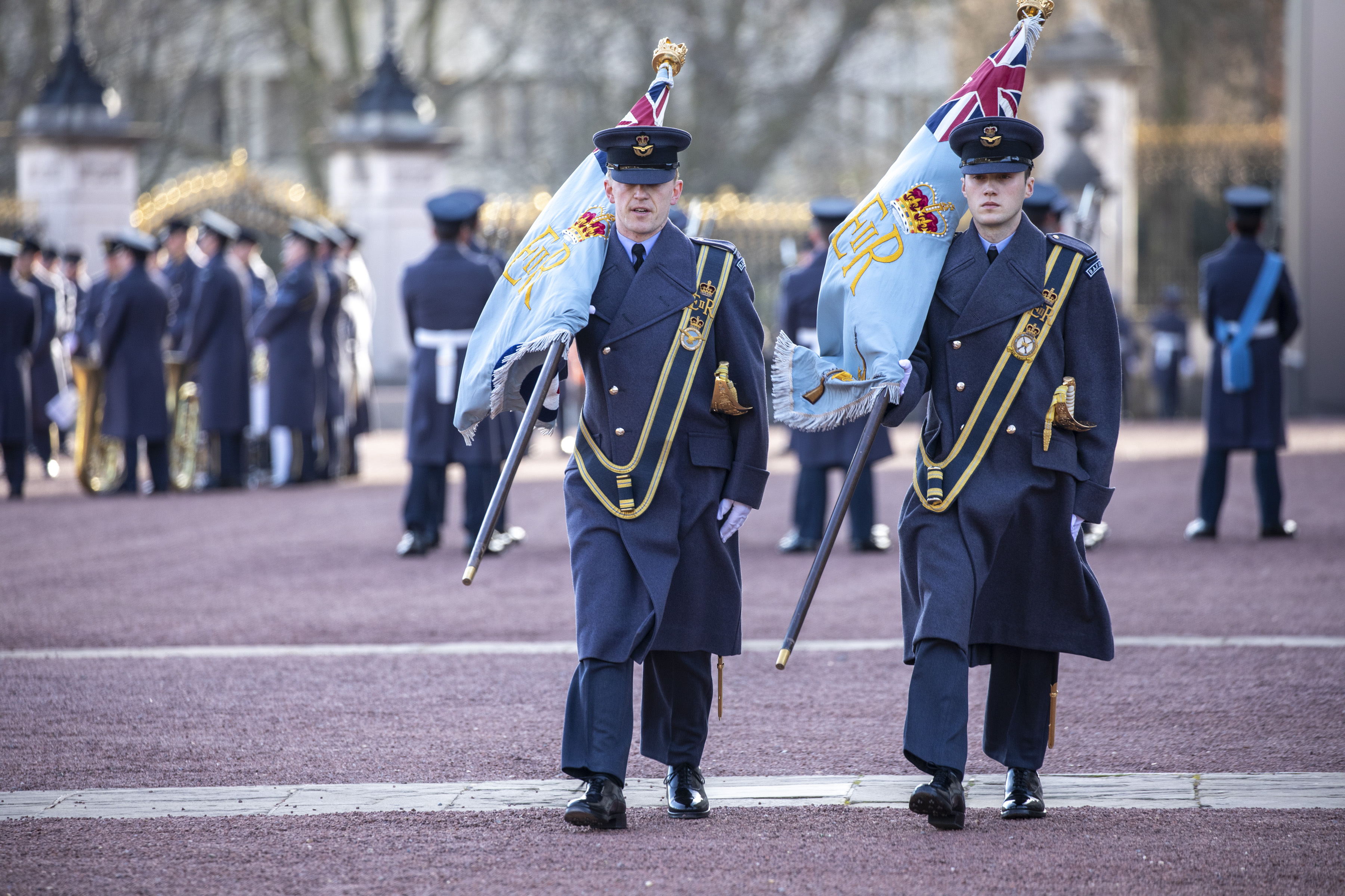 Queen's Colour Squadron on parade outside Buckingham Palace.