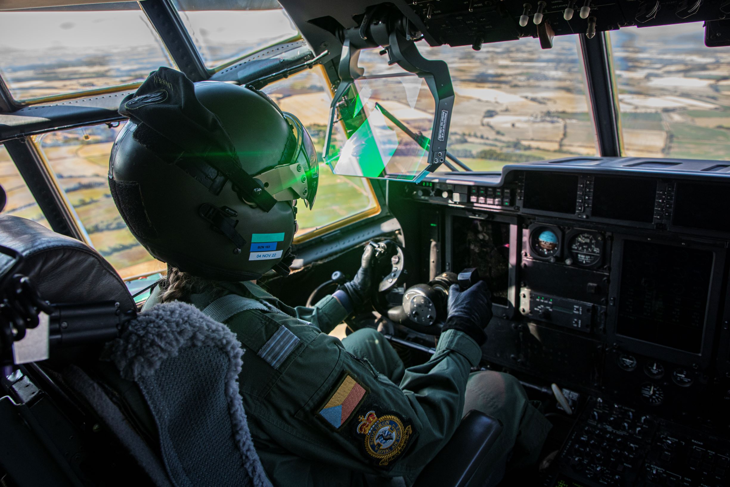 Image shows RAF aviator in the cockpit of a Typhoon in flight.