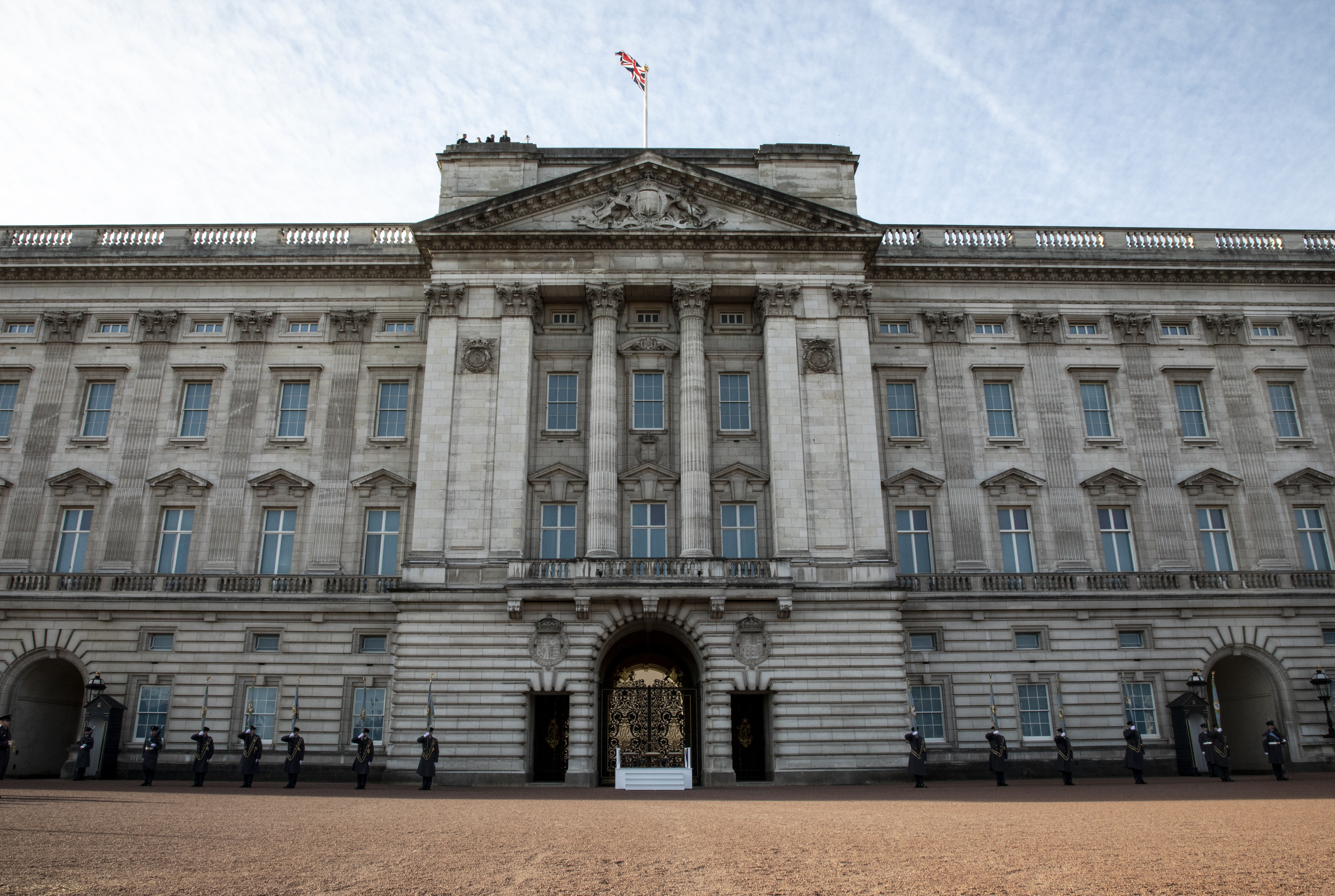 Front view of Buckingham Palace.