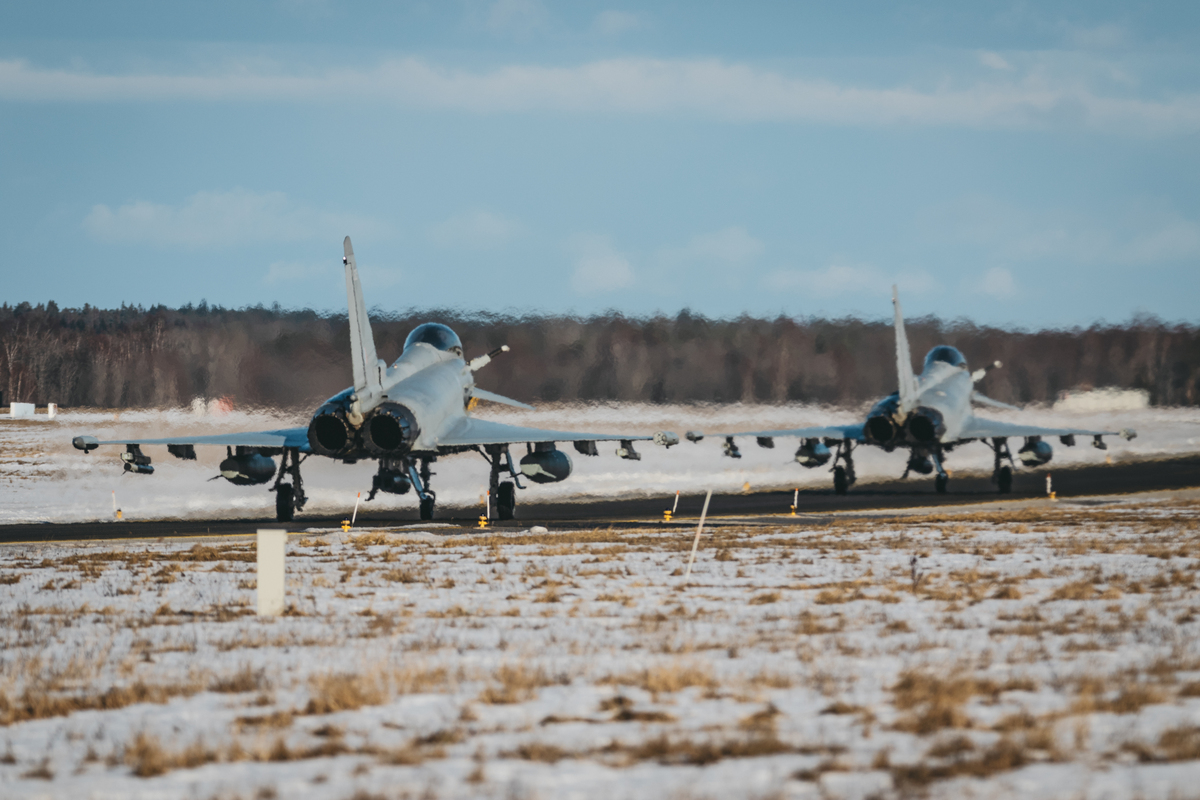 Image shows RAF Typhoons rolling on the airfield.