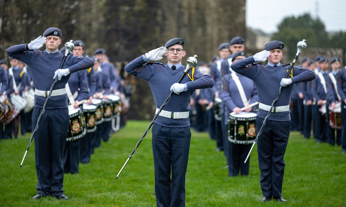 RAF Cadets parading outside with drummers in the background