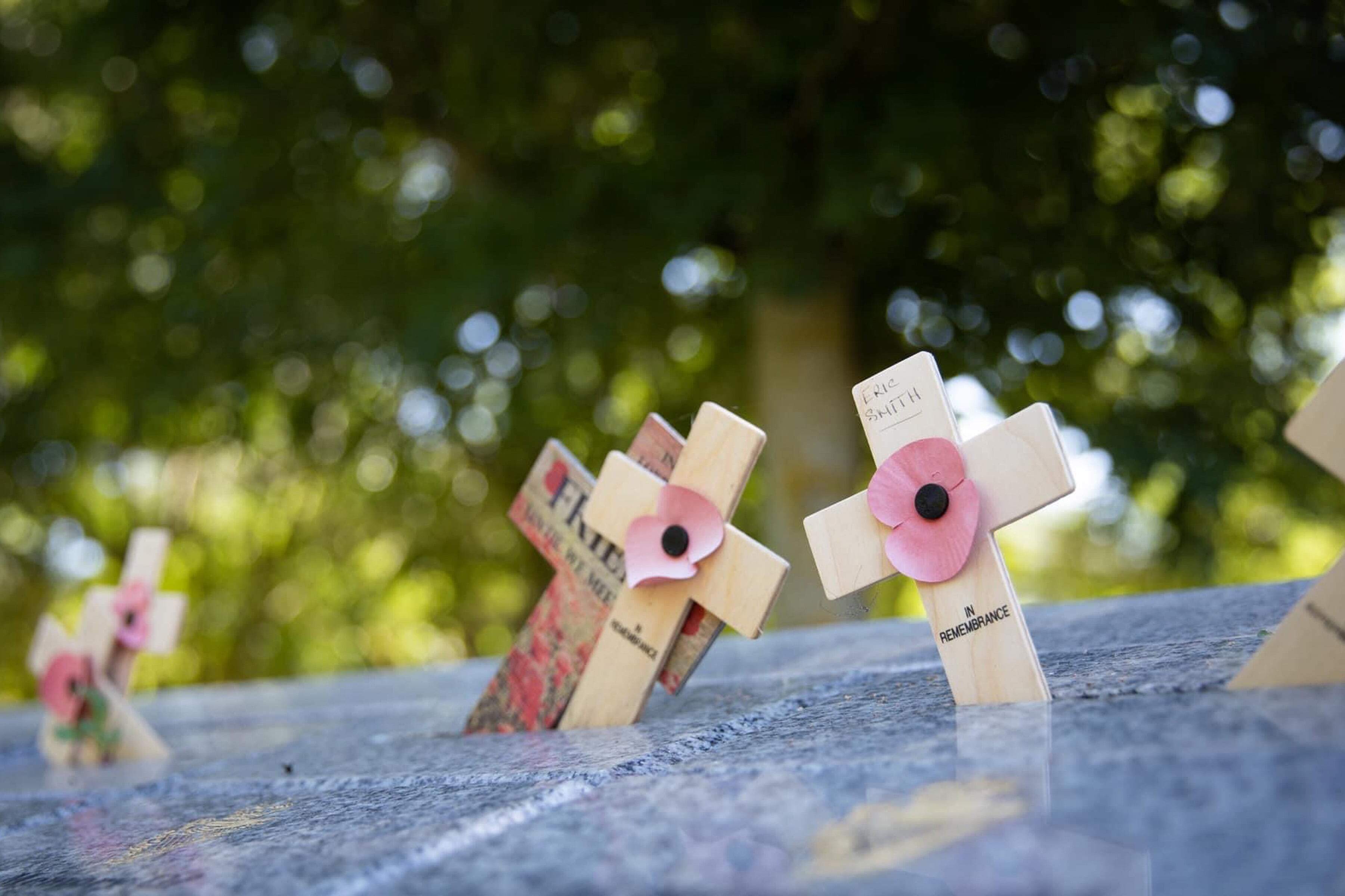 Weathered Remembrance poppy crosses wedged at angles into a marble memorial