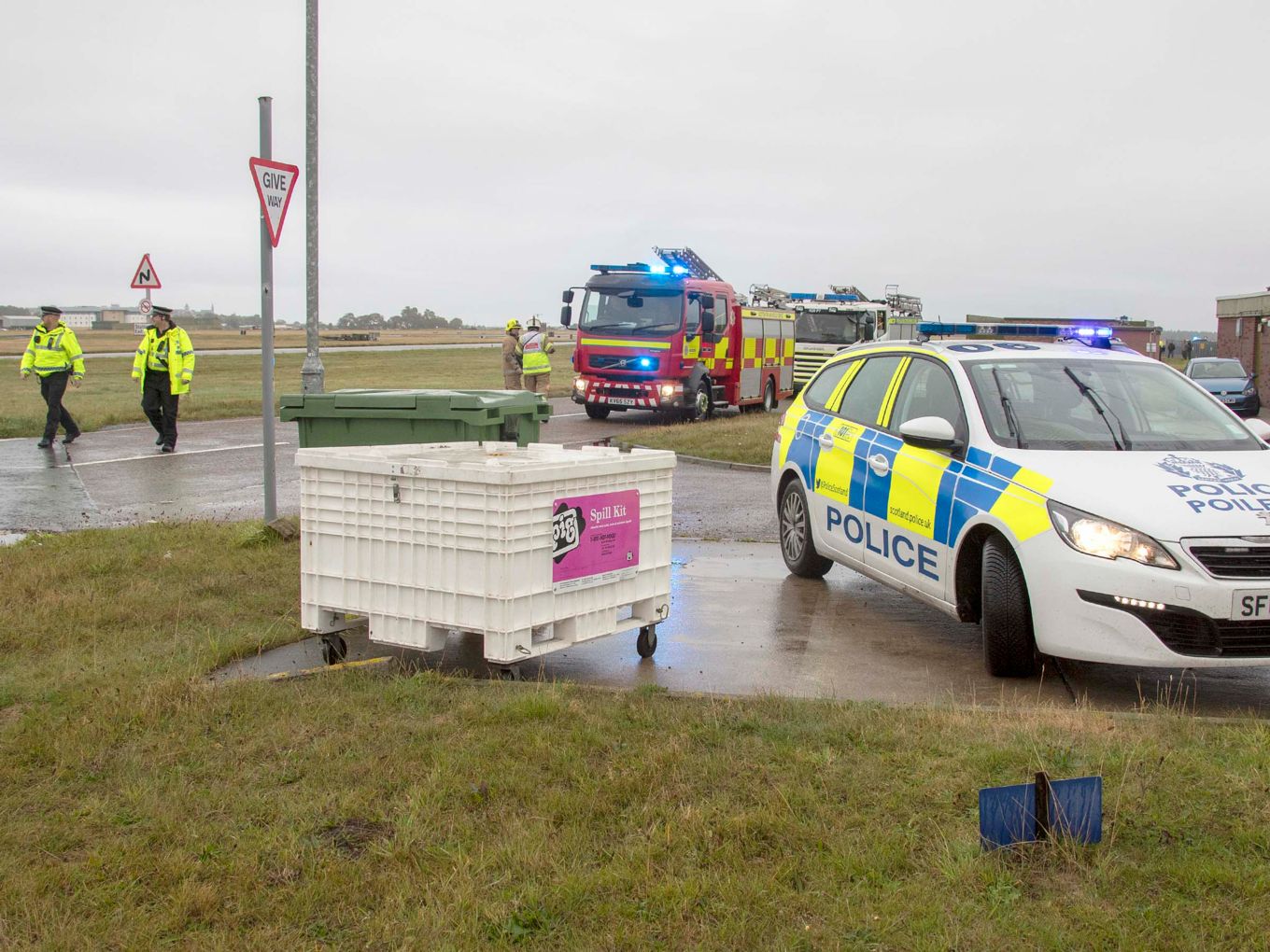 Emergency services personnel and vehicles taking part in an exercise at RAF Lossiemouth