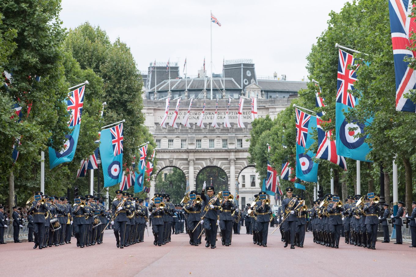 Royal Air Force Bands march down The Mall.