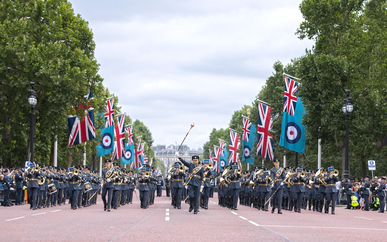 Royal Air Force Bands parade down The Mall.