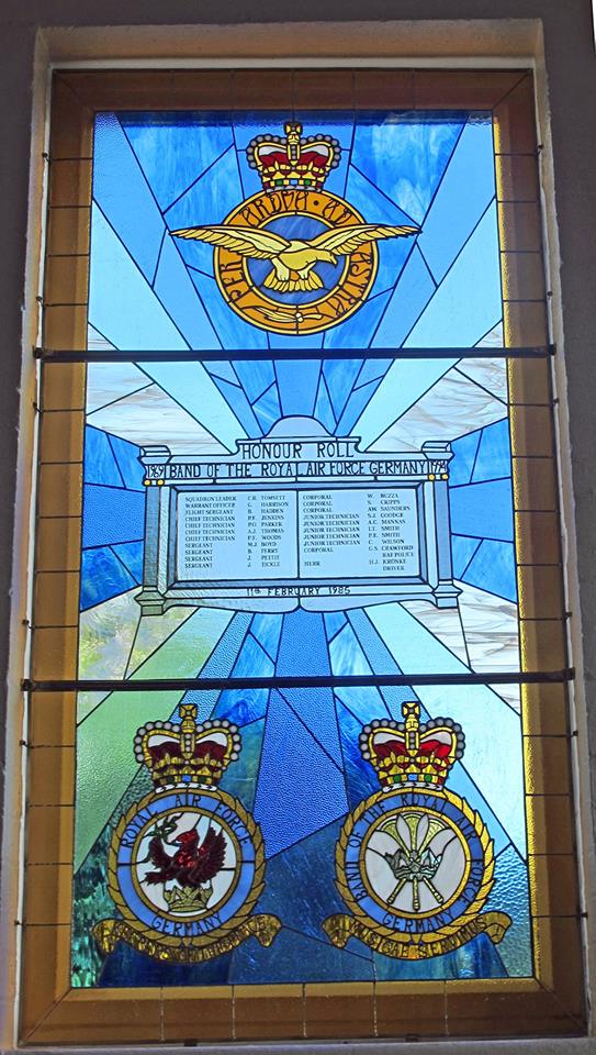 A stained glass window commemorating the Band of RAF Germany.