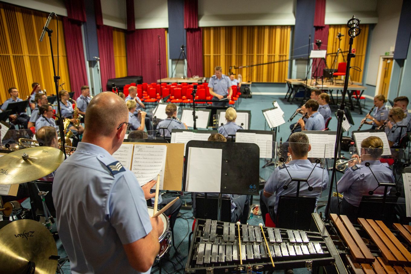 Band of the RAF Regiment rehearse in their bandroom.