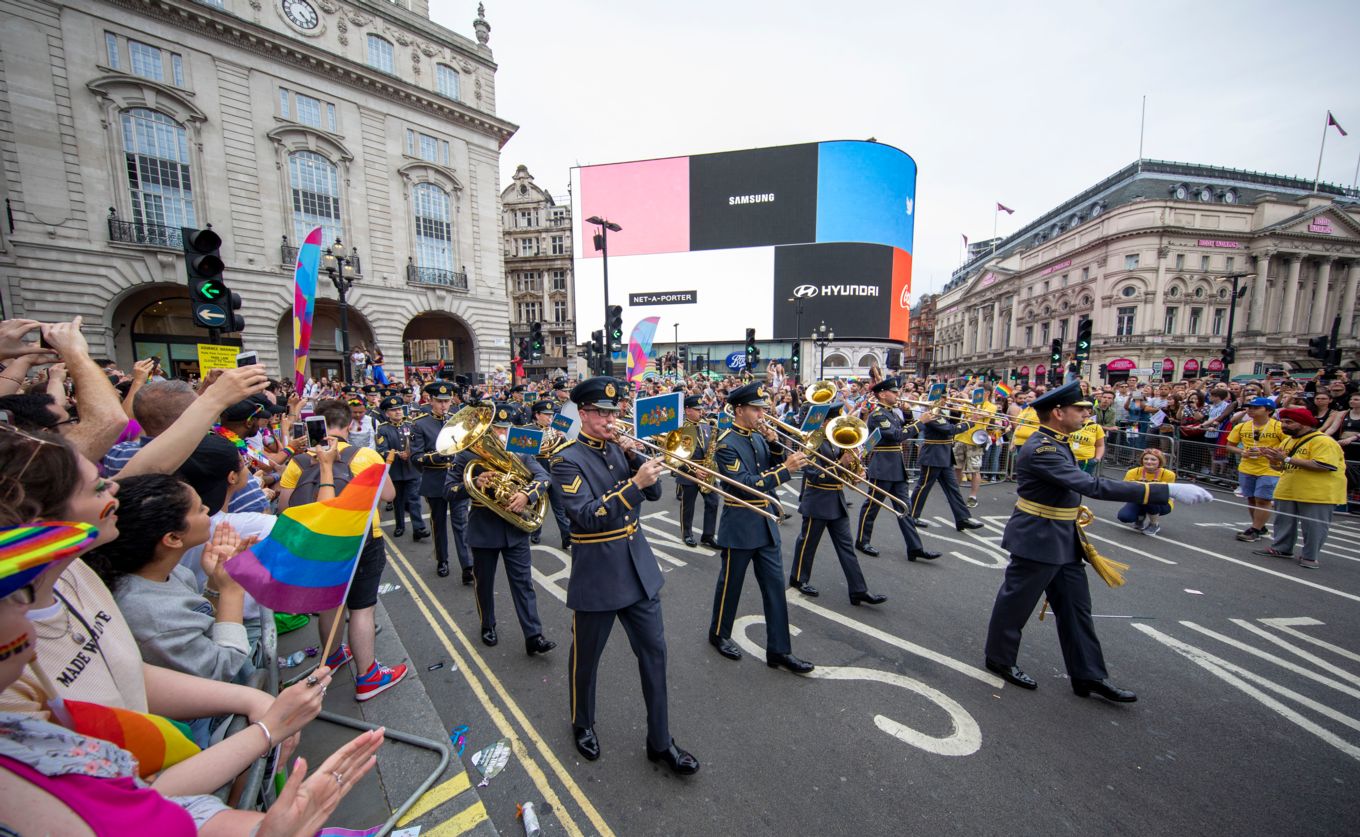 Central Band of the RAF lead the Pride parade.