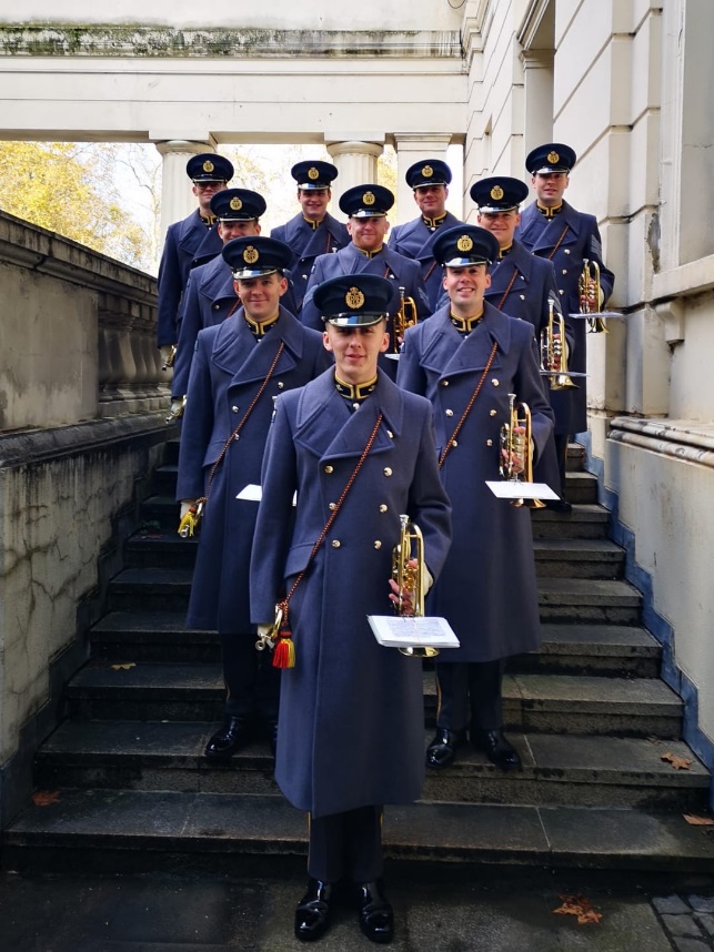 RAF Trumpeters stood on the steps outside Wellington Barracks
