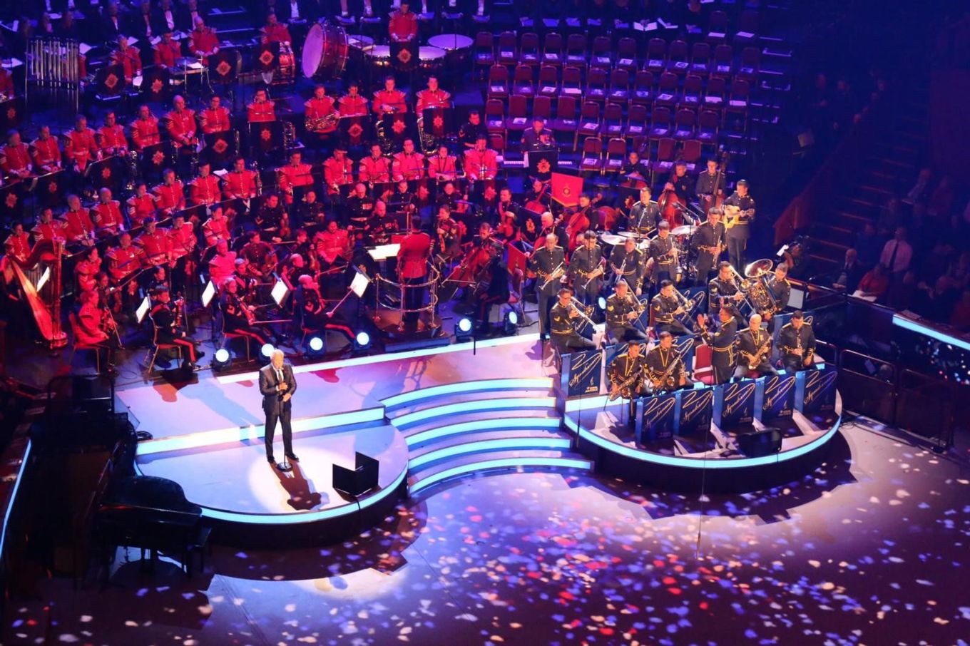 Military musicians perform a concert in the Royal Albert Hall.