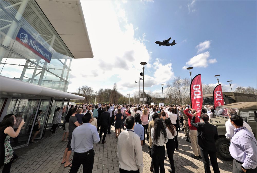 Nationwide Employees gathered outside Nationwide HQ at 1200 hrs to watch the flypast by the C-130J Hercules