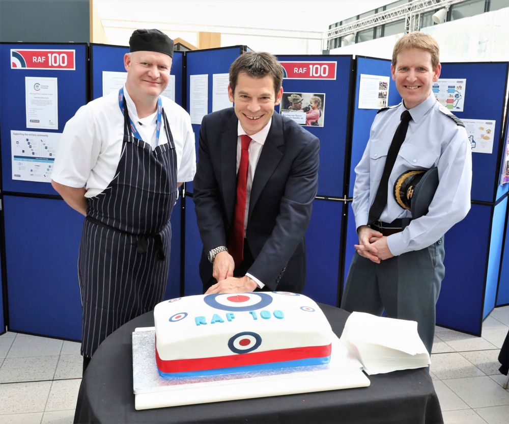 Nationwide CEO cuts the cake with RAF Brize Norton Station Commander, Group Captain Tim Jones
