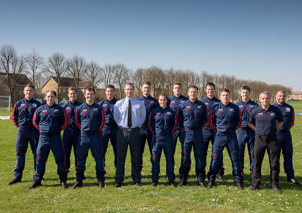RAF Falcons parachute display team stand with Air Officer Commanding No. 2 Group AVM David Cooper at RAF Brize Norton