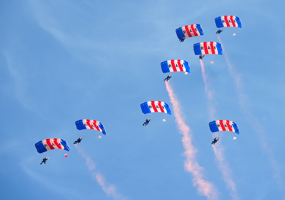 Perfect blue skies for the RAF Falcons to complete their parachute display