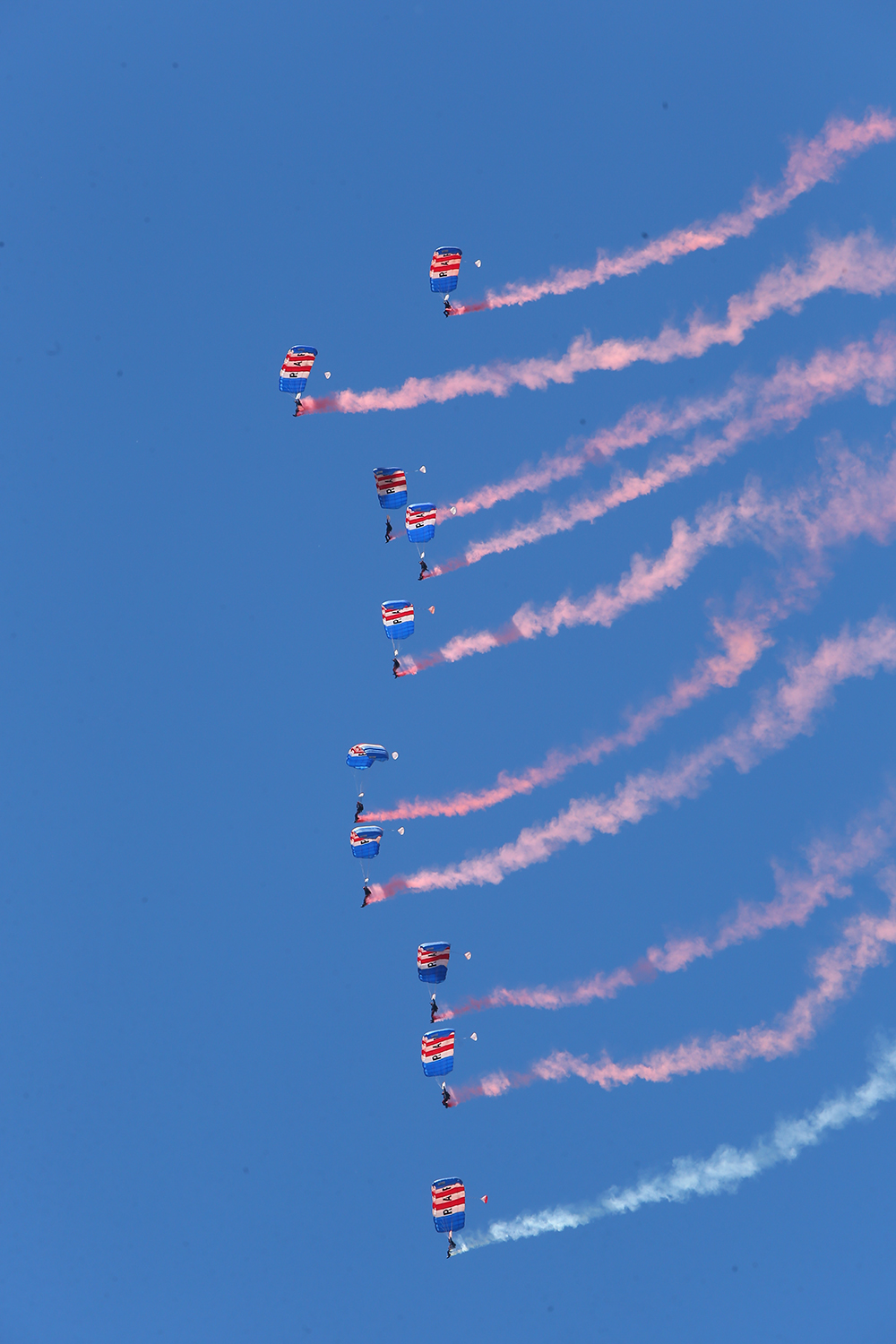 The RAF Falcons perform their famous non-contact canopy stack 