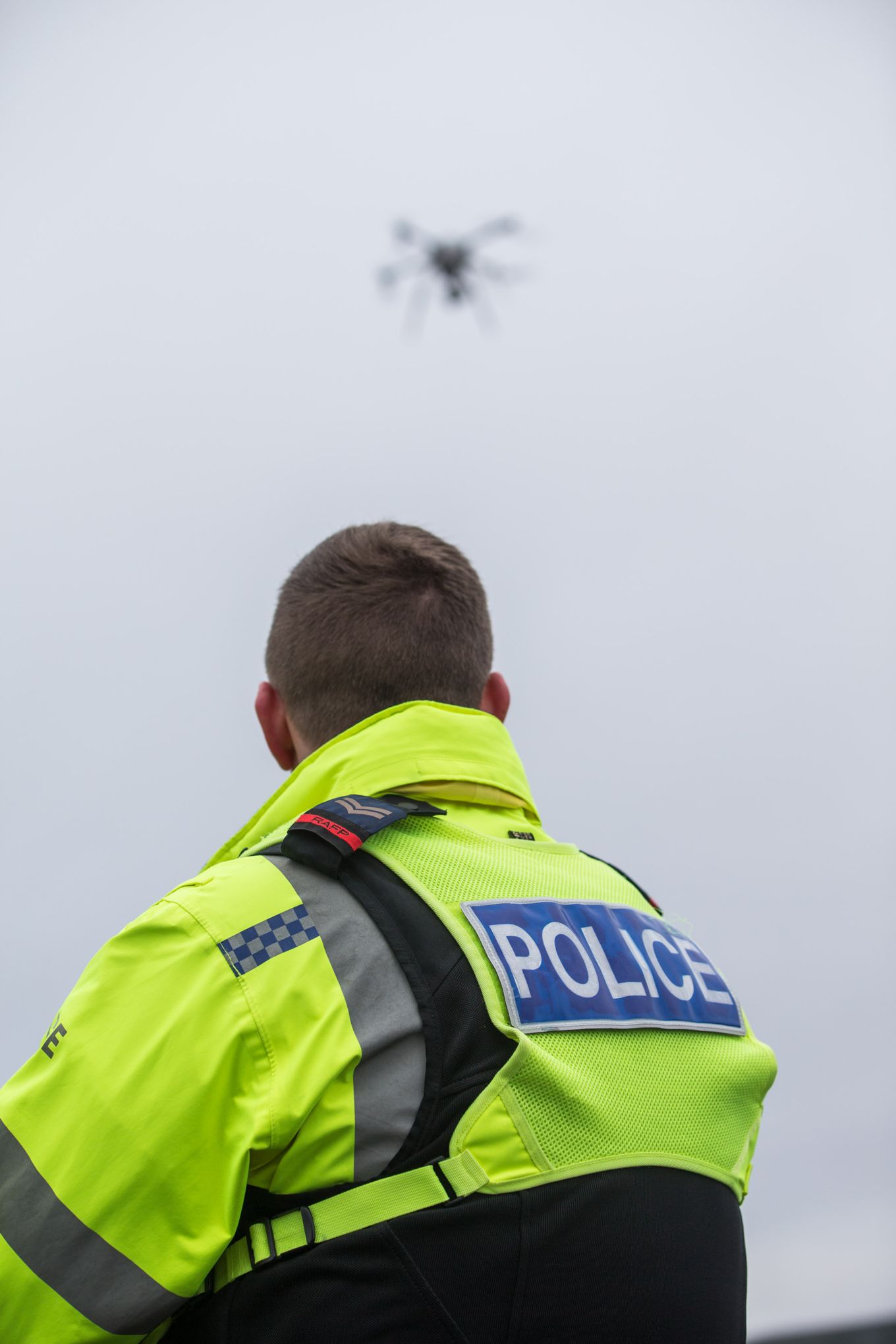  Drone trials have been carried out at RAF Waddington by the RAF Police Flight. Pictured is Cpl Ben Thatcher bringing the Drone in to land.