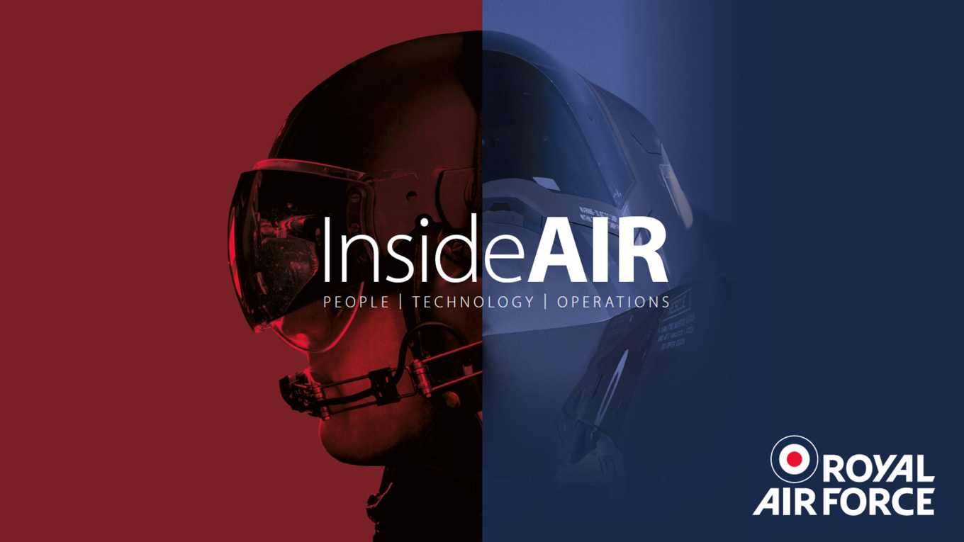 Image shows InsideAIR podcast artwork. Half is red showing a pilot wearing a helmet. The other half is blue showing half an F-35 aircraft.