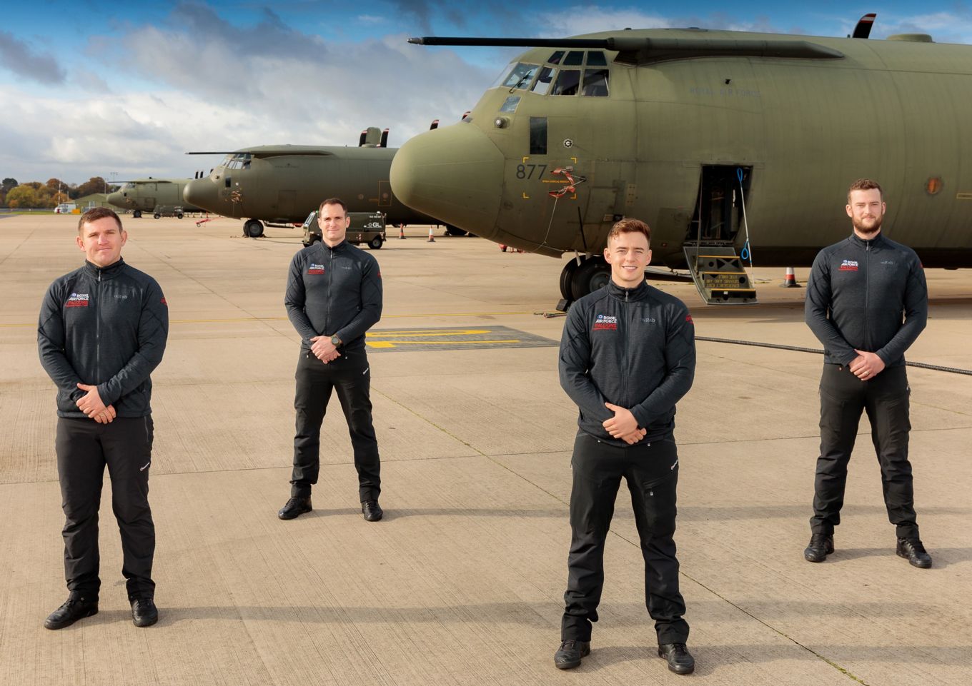 Pictured, the new members of the RAF Falcons Parachute Display Team, Flight Lieutenant Philpott (front left), Sergeant Guillois (front right), Sergeant McAll (back left) and Corporal Gill (back right)