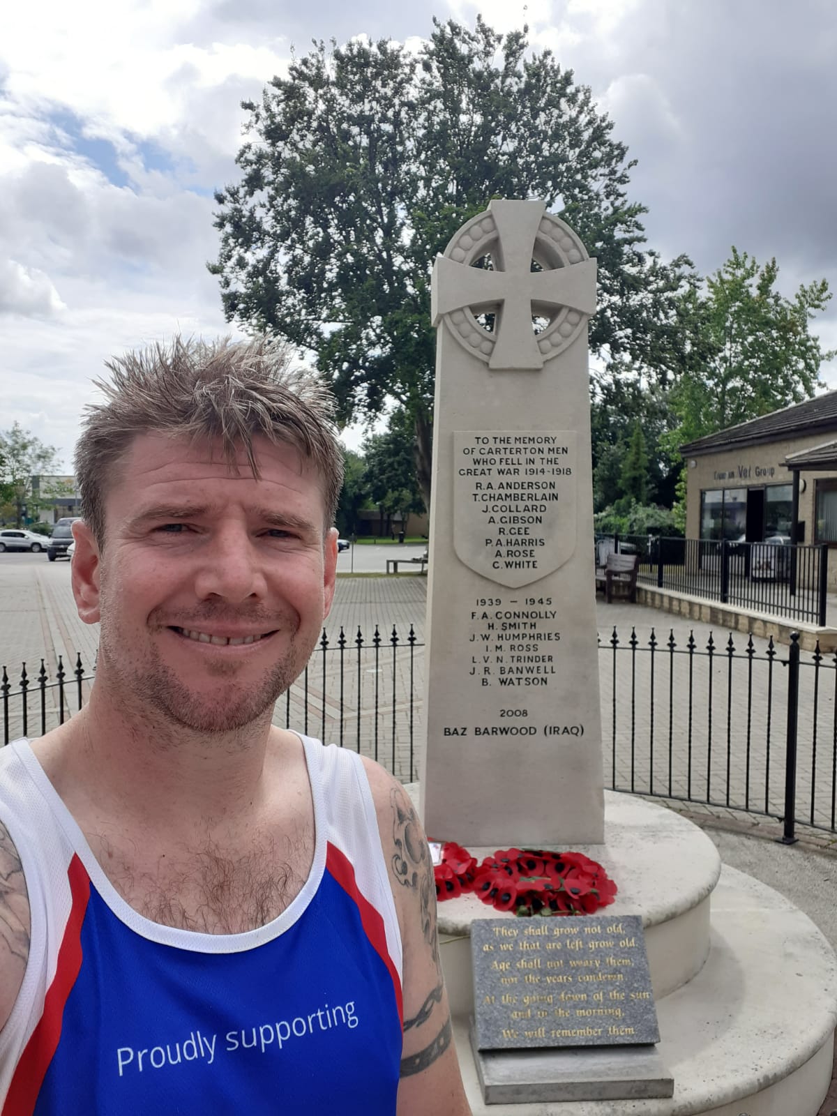Corporal Hodgson, one of the Team’s Survival Equipment Technicians pictured during his challenge by the Carterton War Memorial