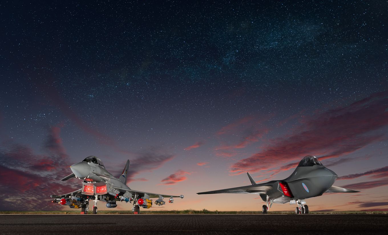 BAE Systems Tempest aircraft and Typhoon under a dark sky..