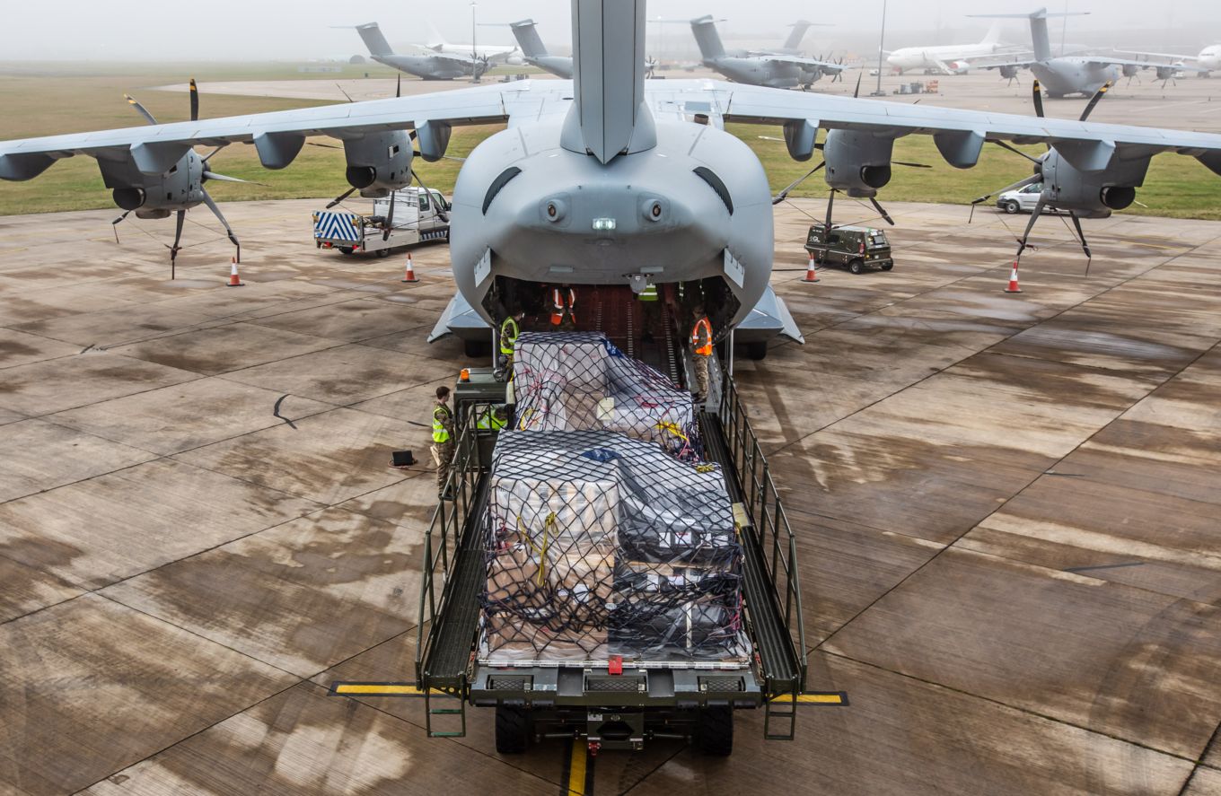 Image shows the Pfizer Covid-19 vaccine, palletised by Number 1 Air Mobility Wing, loaded onto Airbus A400M ZM407, before being flown to RAF Gibraltar