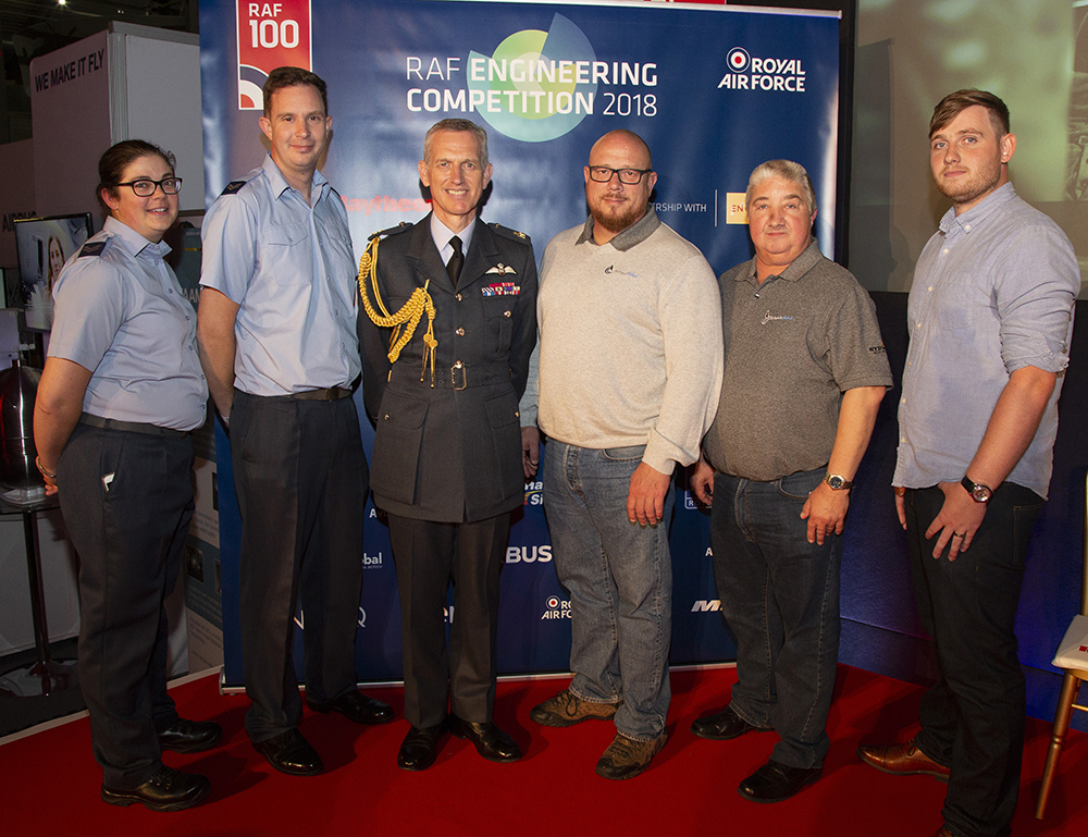 Corporals Hayley Woodhall and Andrew Coulton, Chief of the Air Staff, Mr Rudi Ferreira and Andrew East from SkyHawk Global and Mr Chris Cooke