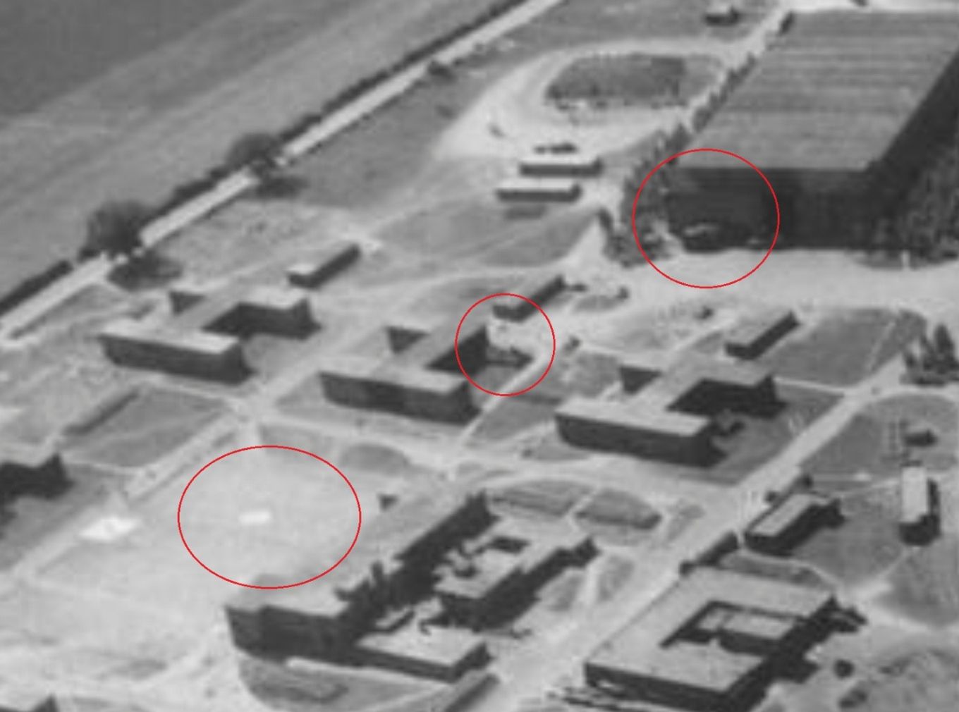 Aerial View of attacks; parade square, BB76, and E Hangar