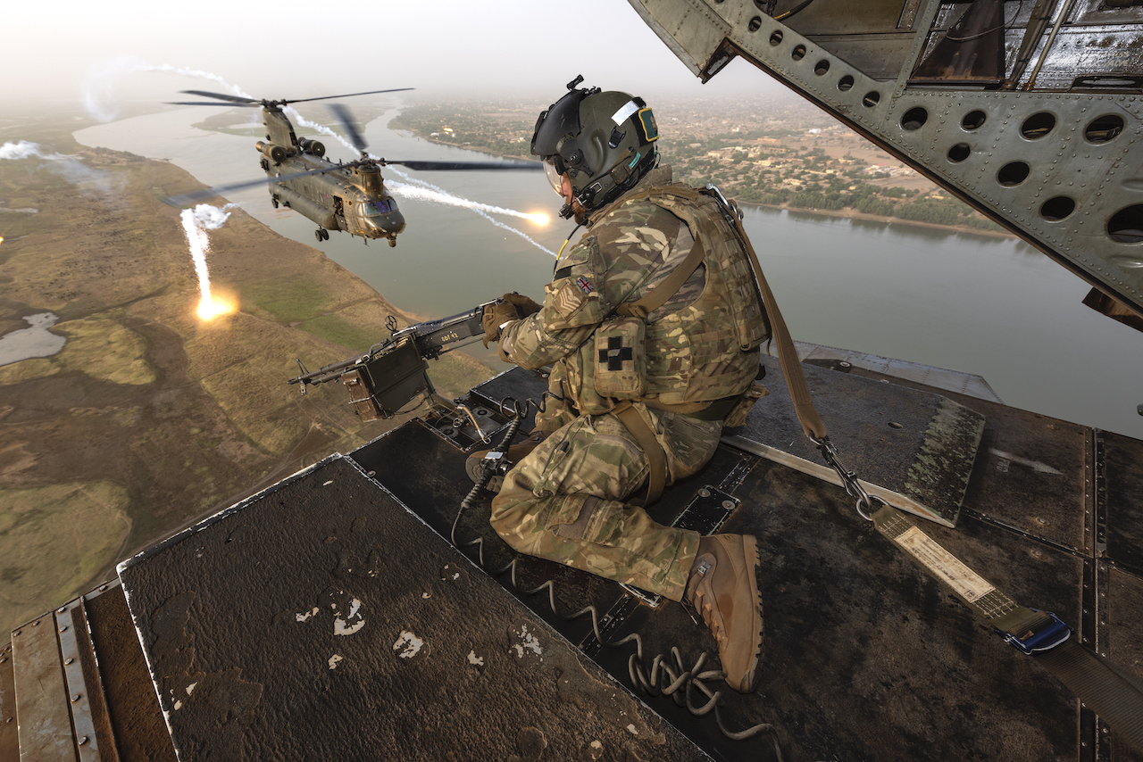 RAF Chinhooks flying in formation over Mali